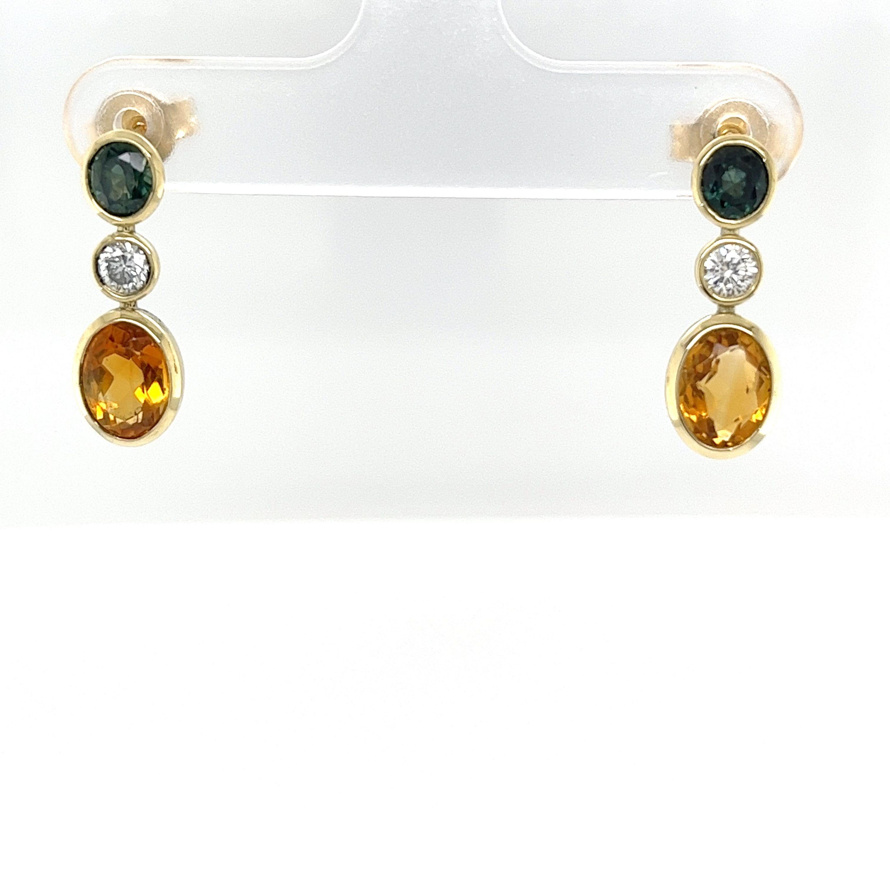 Women's 14ct Yellow Gold Citrine, Green Sapphire and Diamond Drop Earrings For Sale