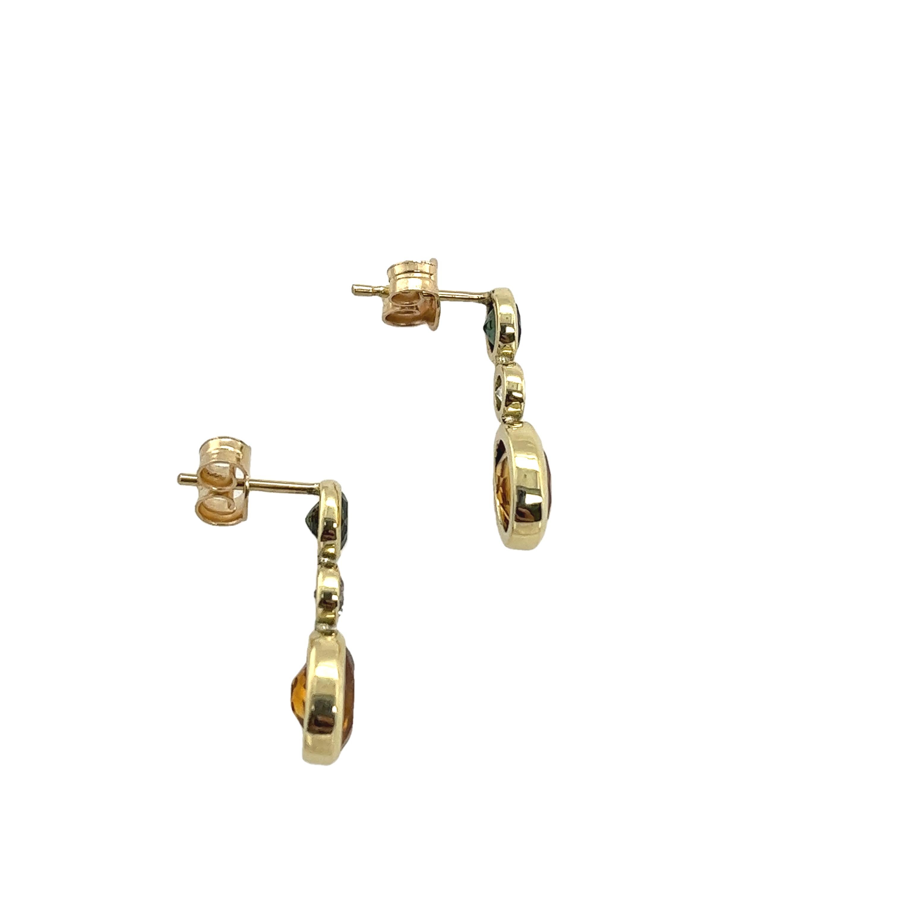 14ct Yellow Gold Citrine, Green Sapphire and Diamond Drop Earrings For Sale 1