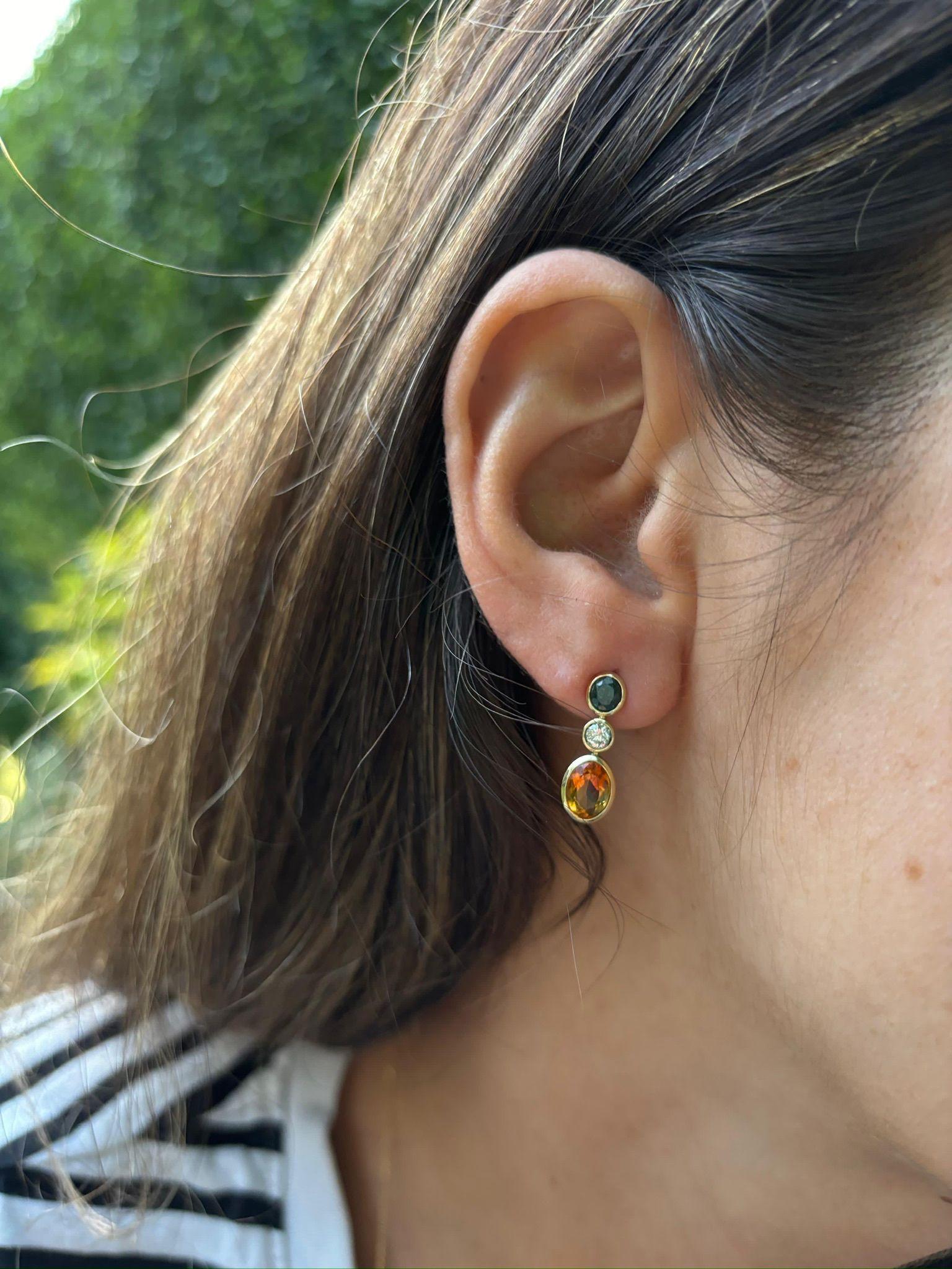 14ct Yellow Gold Citrine, Green Sapphire and Diamond Drop Earrings For Sale 2