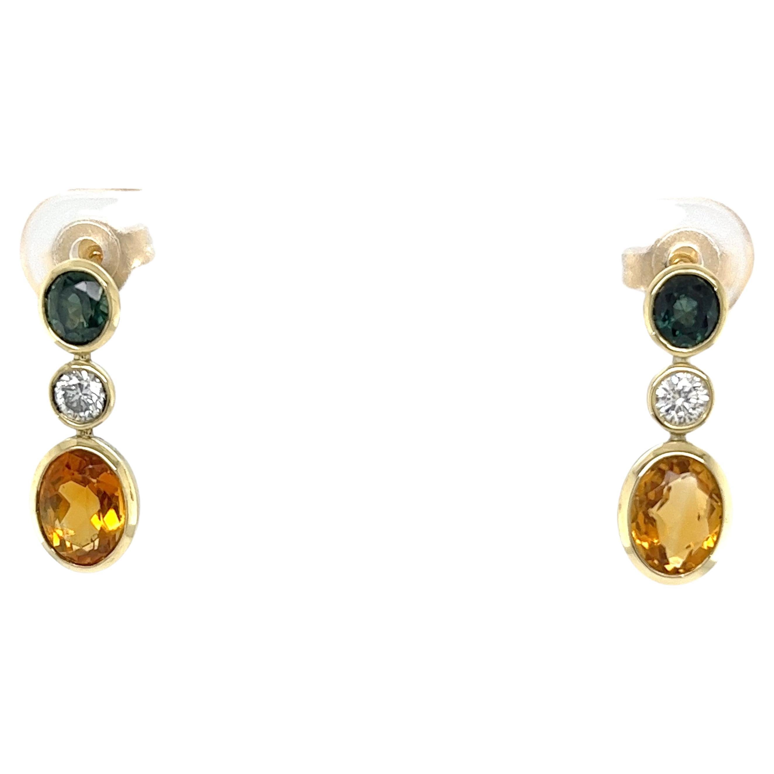 14ct Yellow Gold Citrine, Green Sapphire and Diamond Drop Earrings