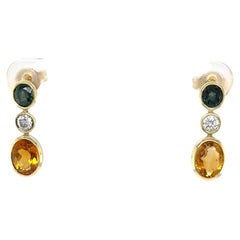 14ct Yellow Gold Citrine, Green Sapphire and Diamond Drop Earrings