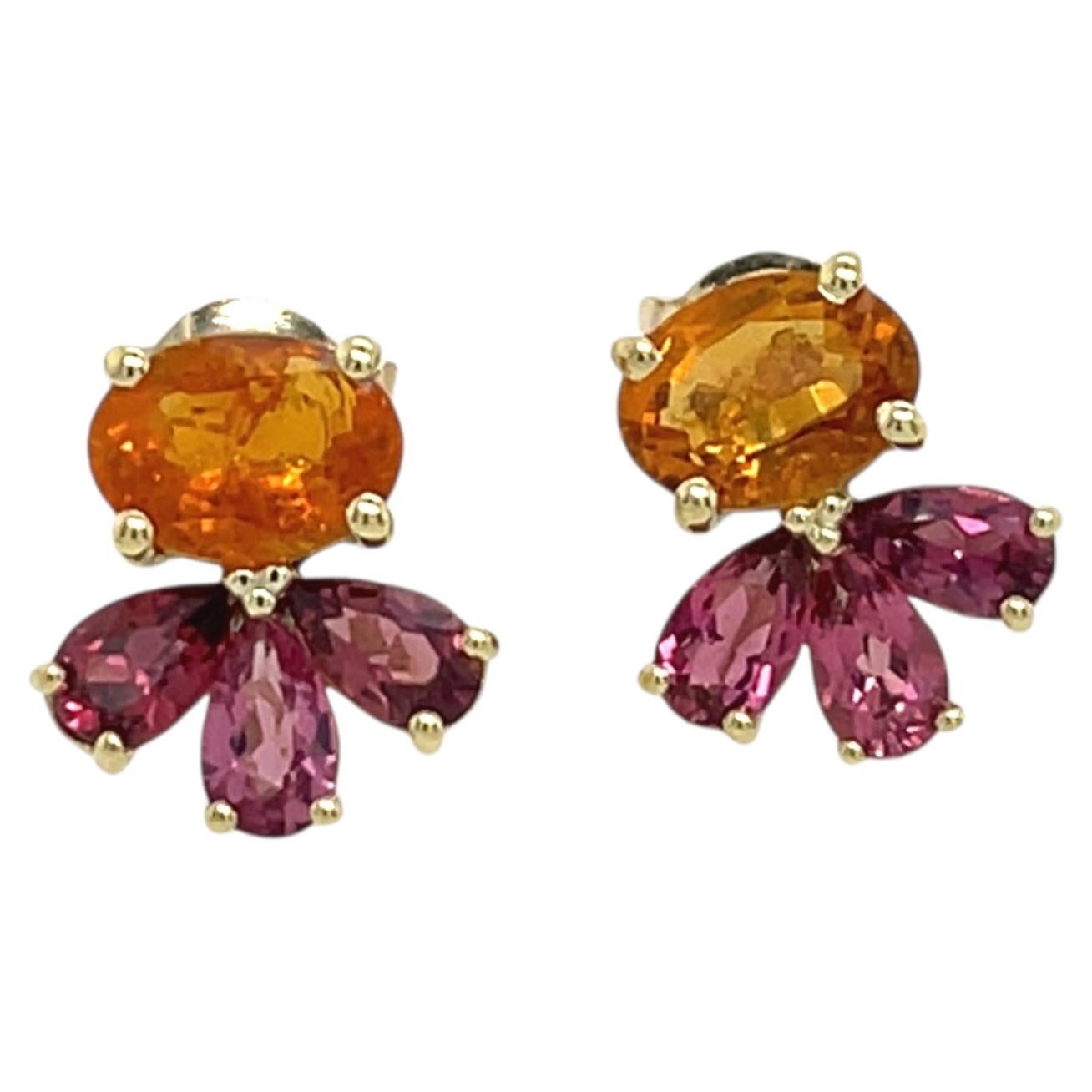 Pendientes de botón de oro amarillo de 14 quilates con citrino y zafiros rosas. en venta