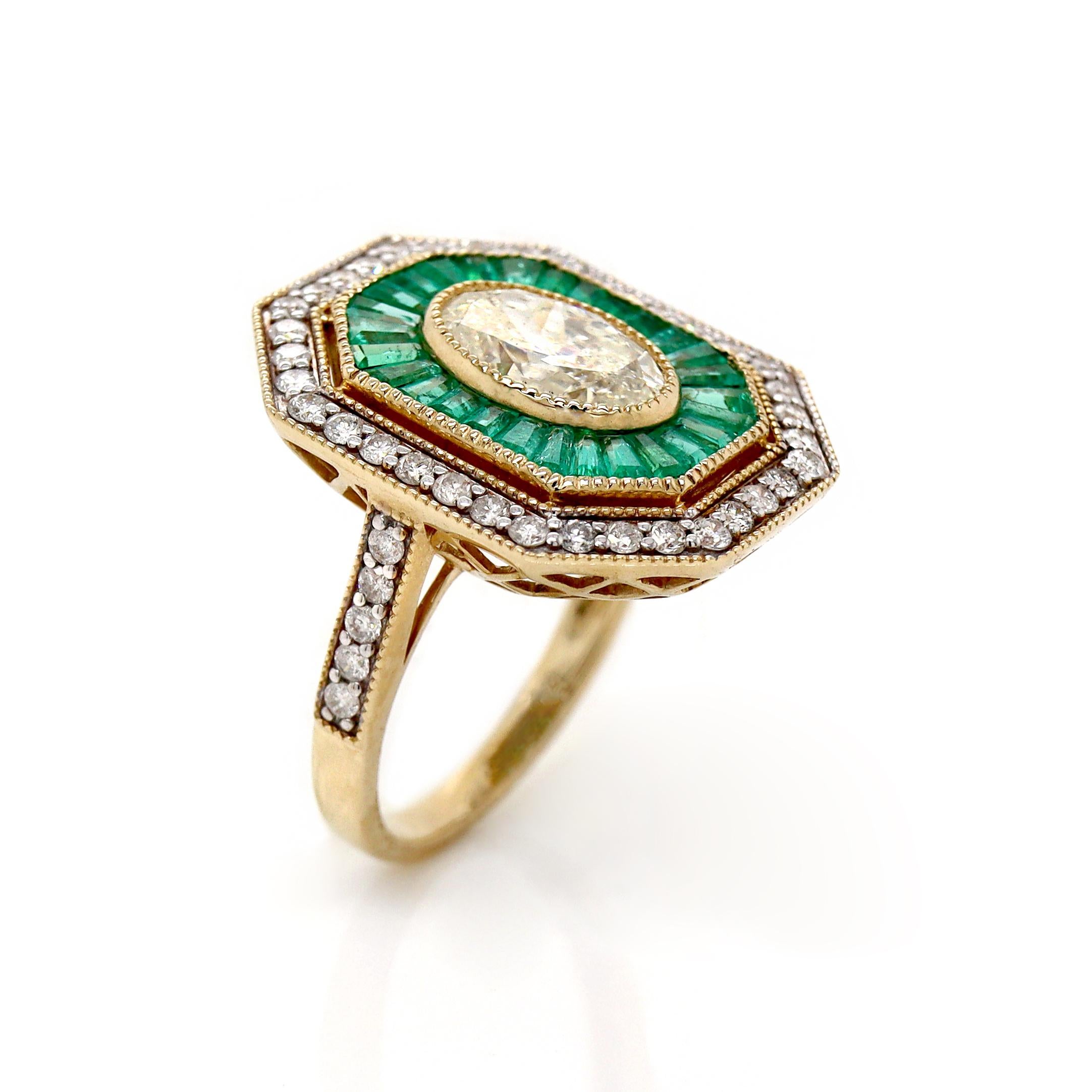 14CT Yellow Gold Colombian Emerald And Diamond Art Deco Cocktail Ring

Envision a ring that exudes opulence and rarity, a creation so exquisite it commands attention the moment it catches the light. At its core lies a mesmerizing oval-cut diamond,