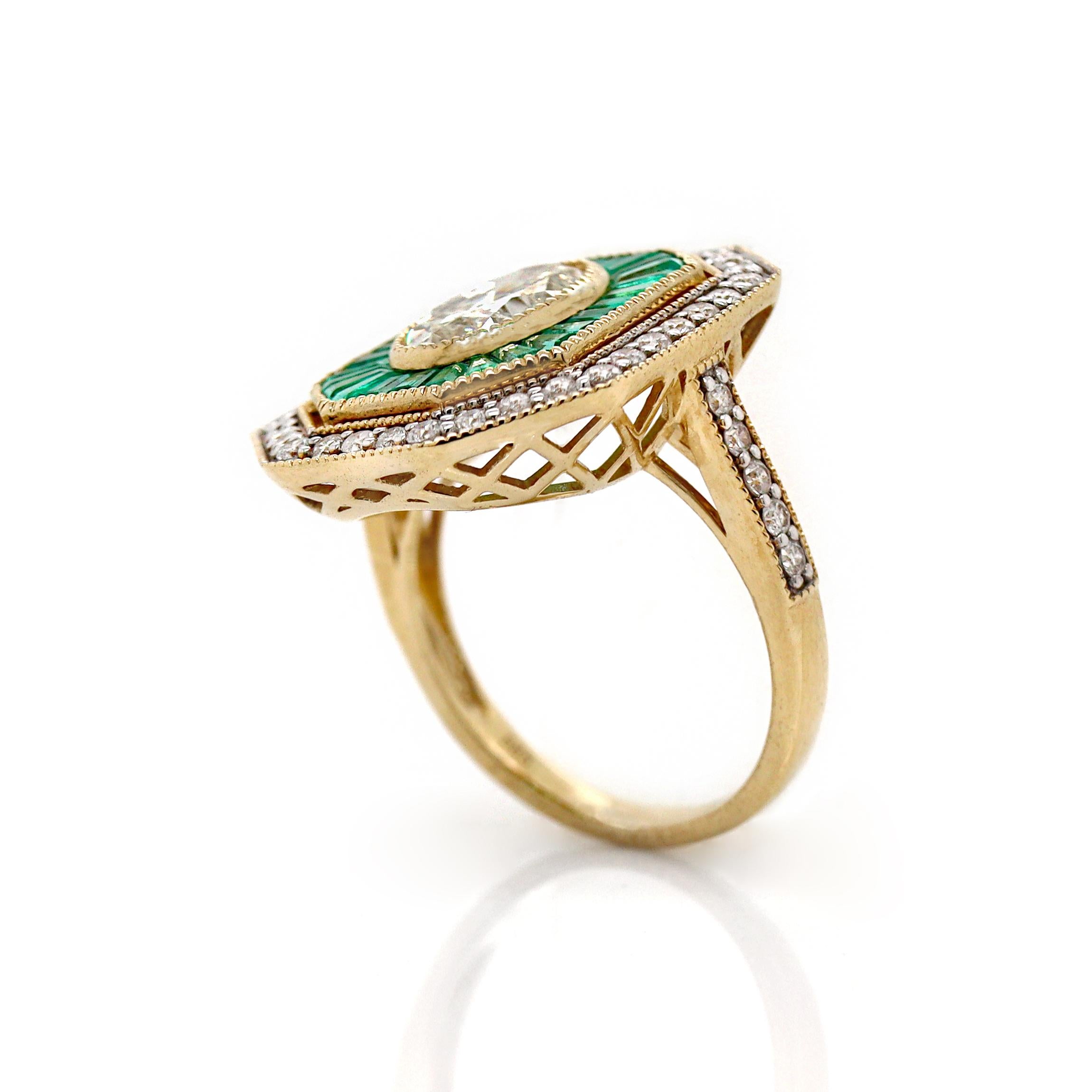 Art Deco 14CT Yellow Gold Colombian Emerald And Diamond Cocktail Ring For Sale