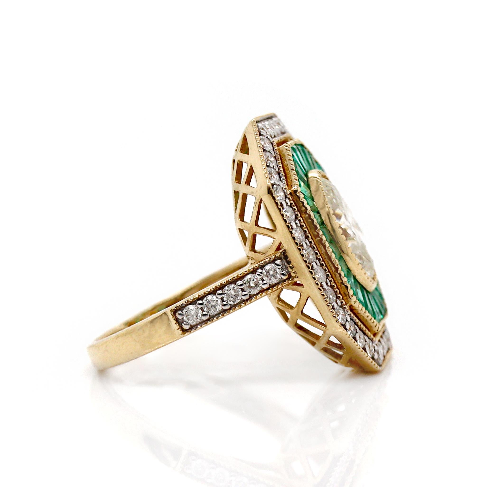 14CT Yellow Gold Colombian Emerald And Diamond Cocktail Ring In New Condition For Sale In Sydney, NSW