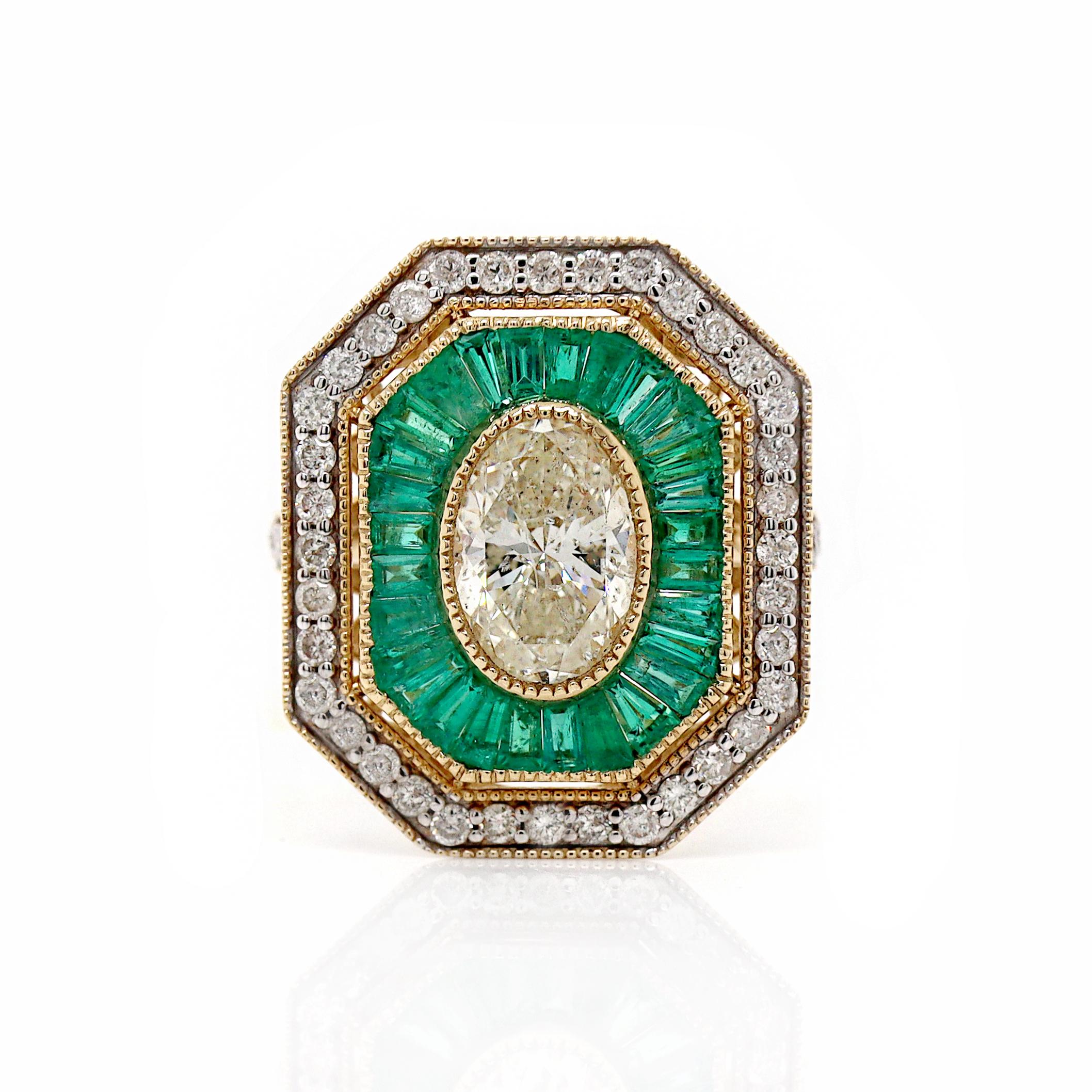 14CT Yellow Gold Colombian Emerald And Diamond Cocktail Ring For Sale 2