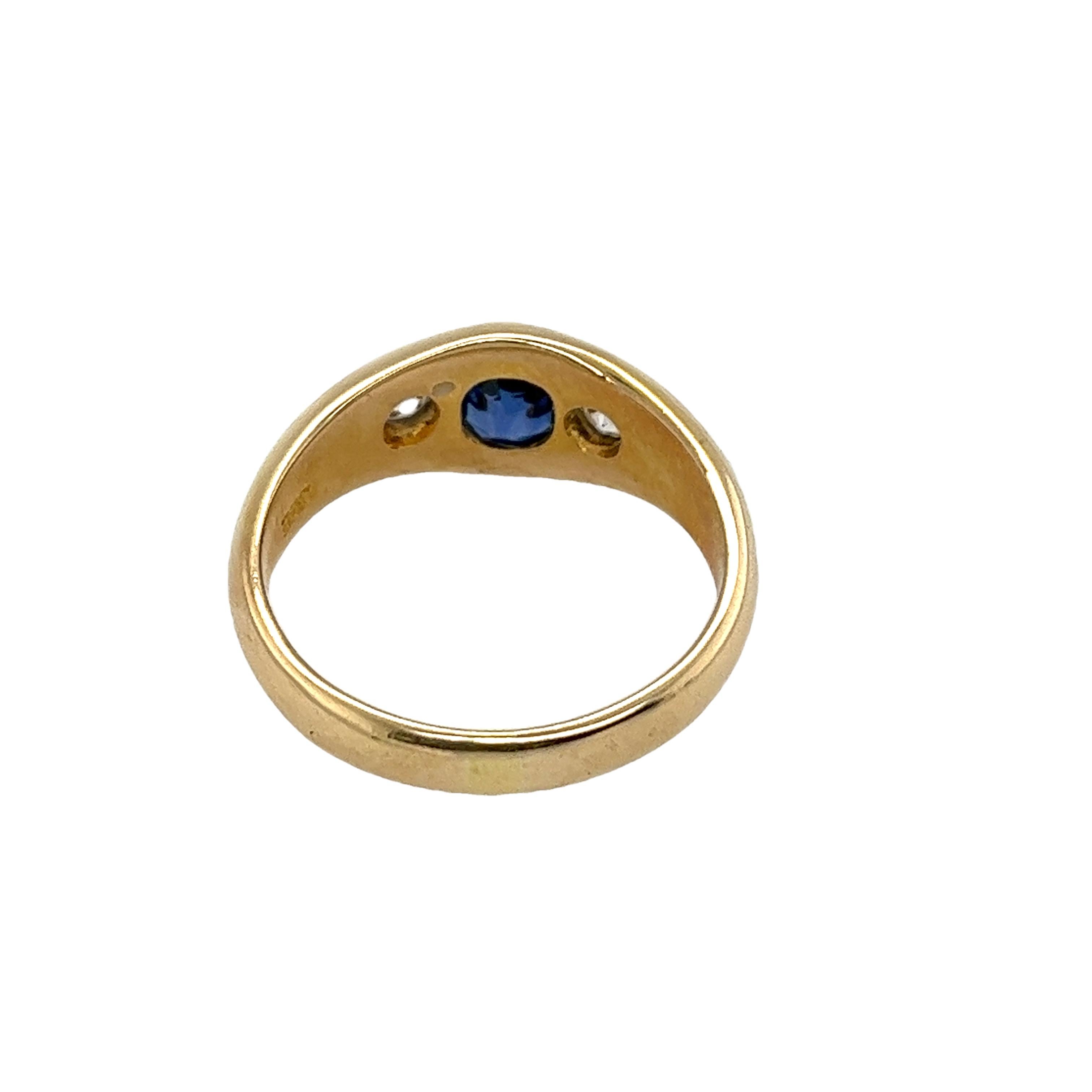 This gorgeous diamond 3-stone ring 
set in an 14ct yellow gold setting, 
with 2 natural round brilliant cut diamonds and cushion shape sapphire.
This is a unique and eye-catching ring.
Total Diamond Weight: 0.28ct
Diamond Colour: H
Diamond Clarity: