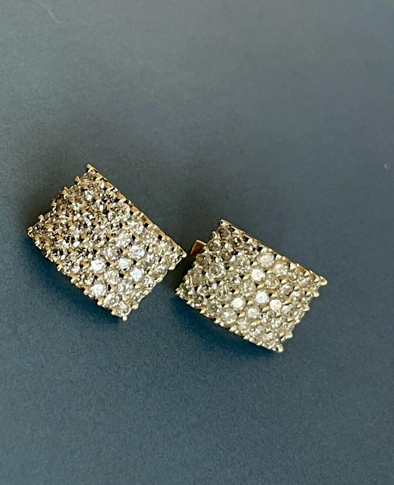 14ct yellow Gold Diamond Earrings 4ct Square Checkered leverback Studs hoop In New Condition For Sale In Ilford, GB
