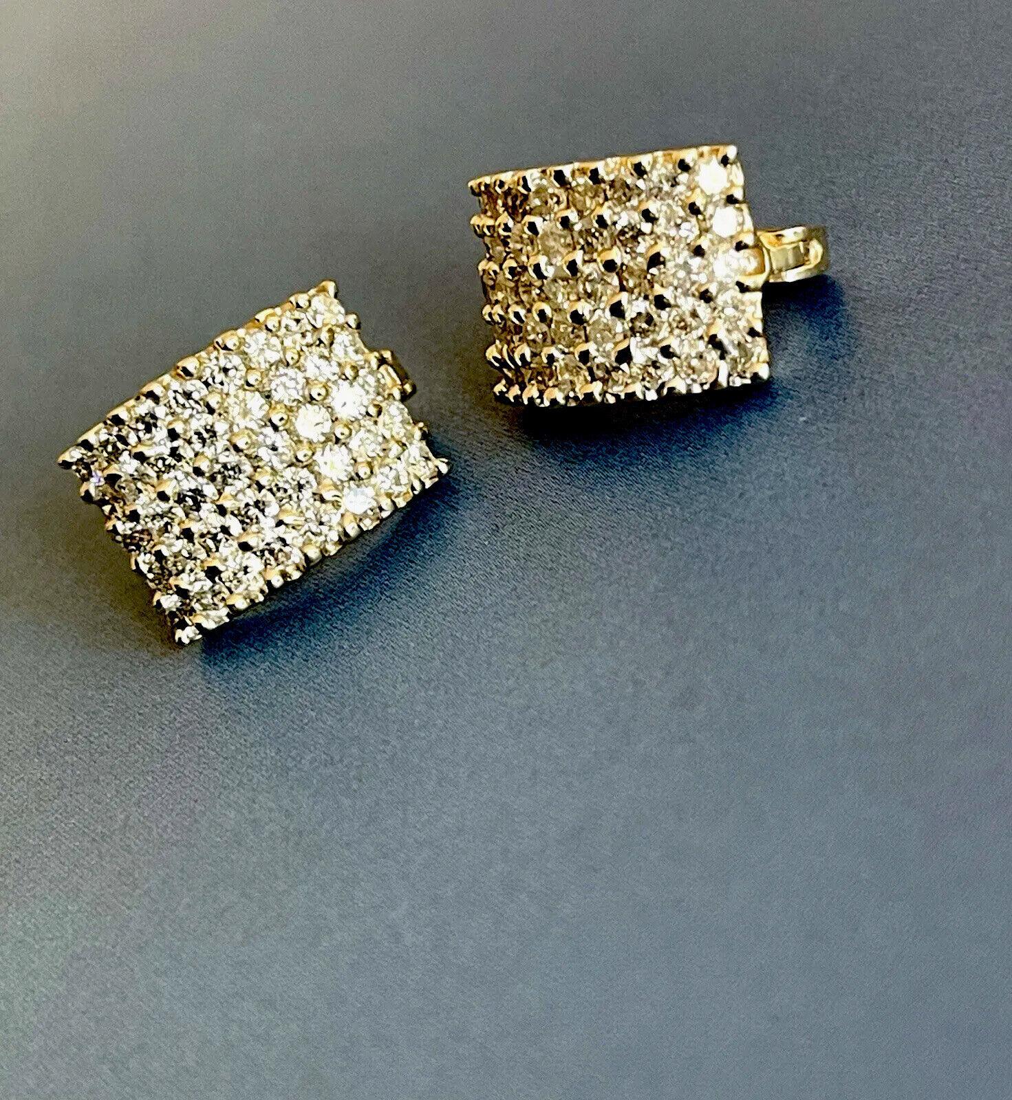 Women's 14ct yellow Gold Diamond Earrings 4ct Square Checkered leverback Studs hoop For Sale