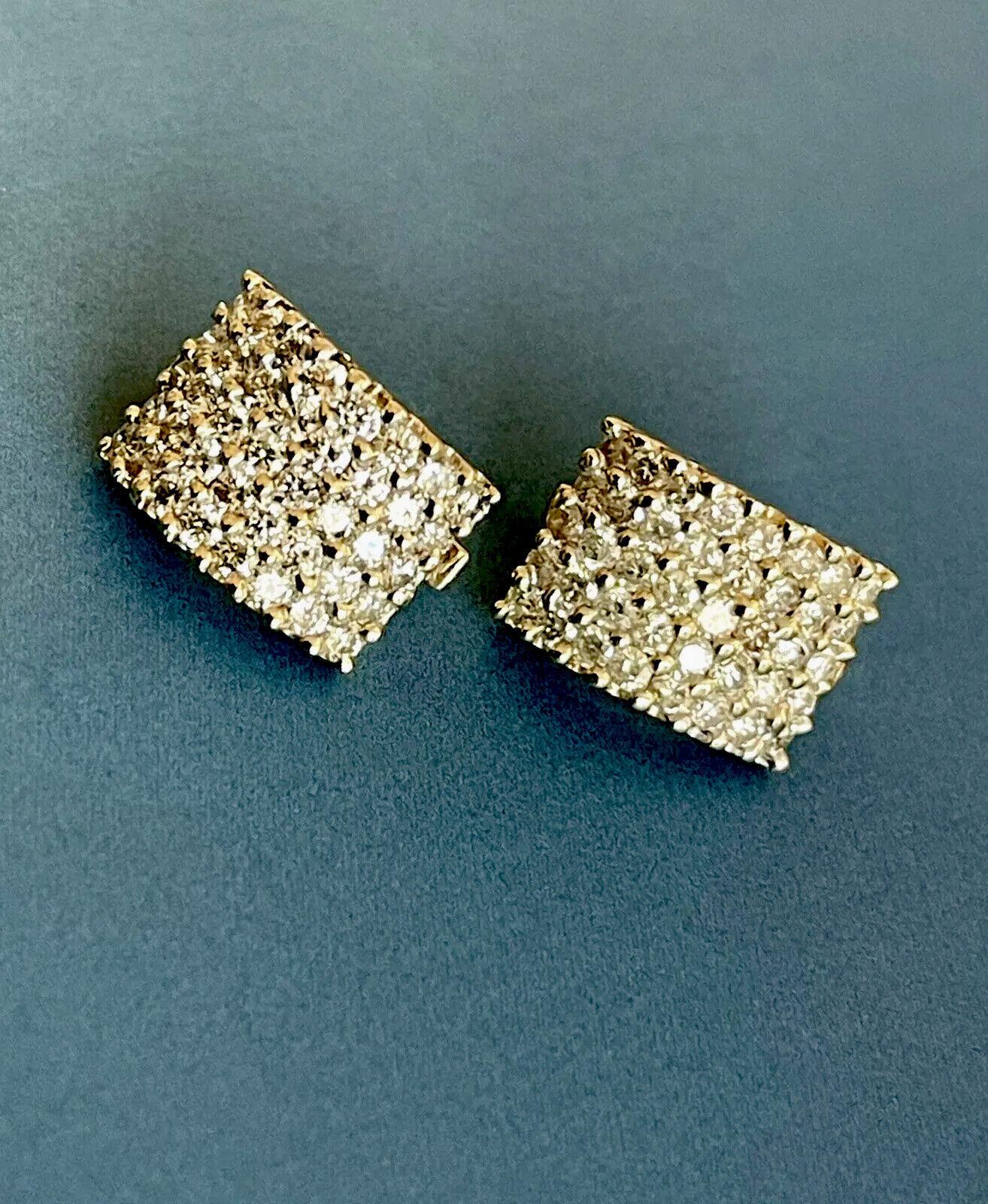 14ct yellow Gold Diamond Earrings 4ct Square Checkered leverback Studs hoop For Sale 1