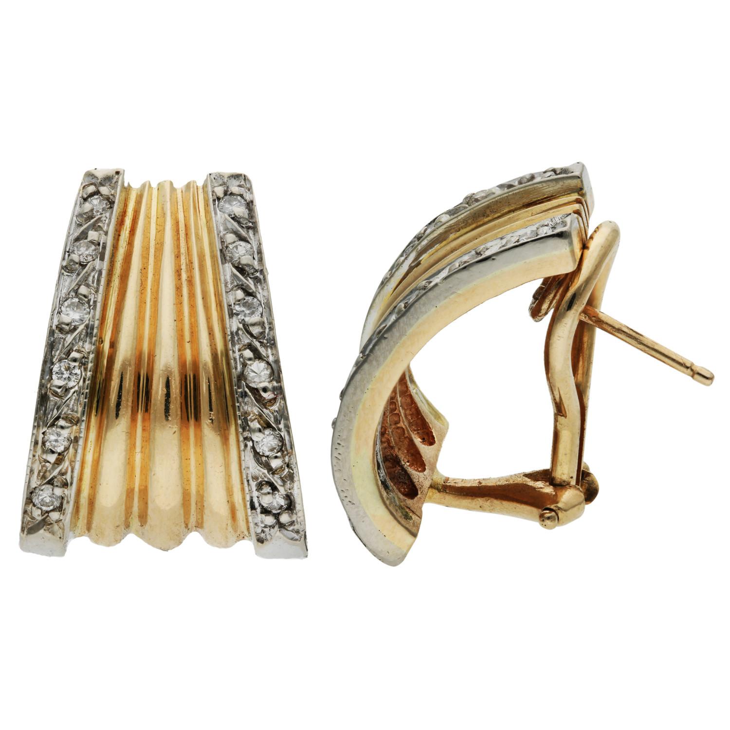 Elevate your style with these Pre-Owned 14ct Yellow Gold Diamond Fan Clip Earrings. Designed to captivate, these earrings feature a striking fan shape in lustrous yellow gold, accented with a delicate edging of sparkling diamonds set in white gold.