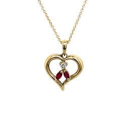 14ct Yellow Gold Diamond & Ruby Heart Pendant on 18" Chain