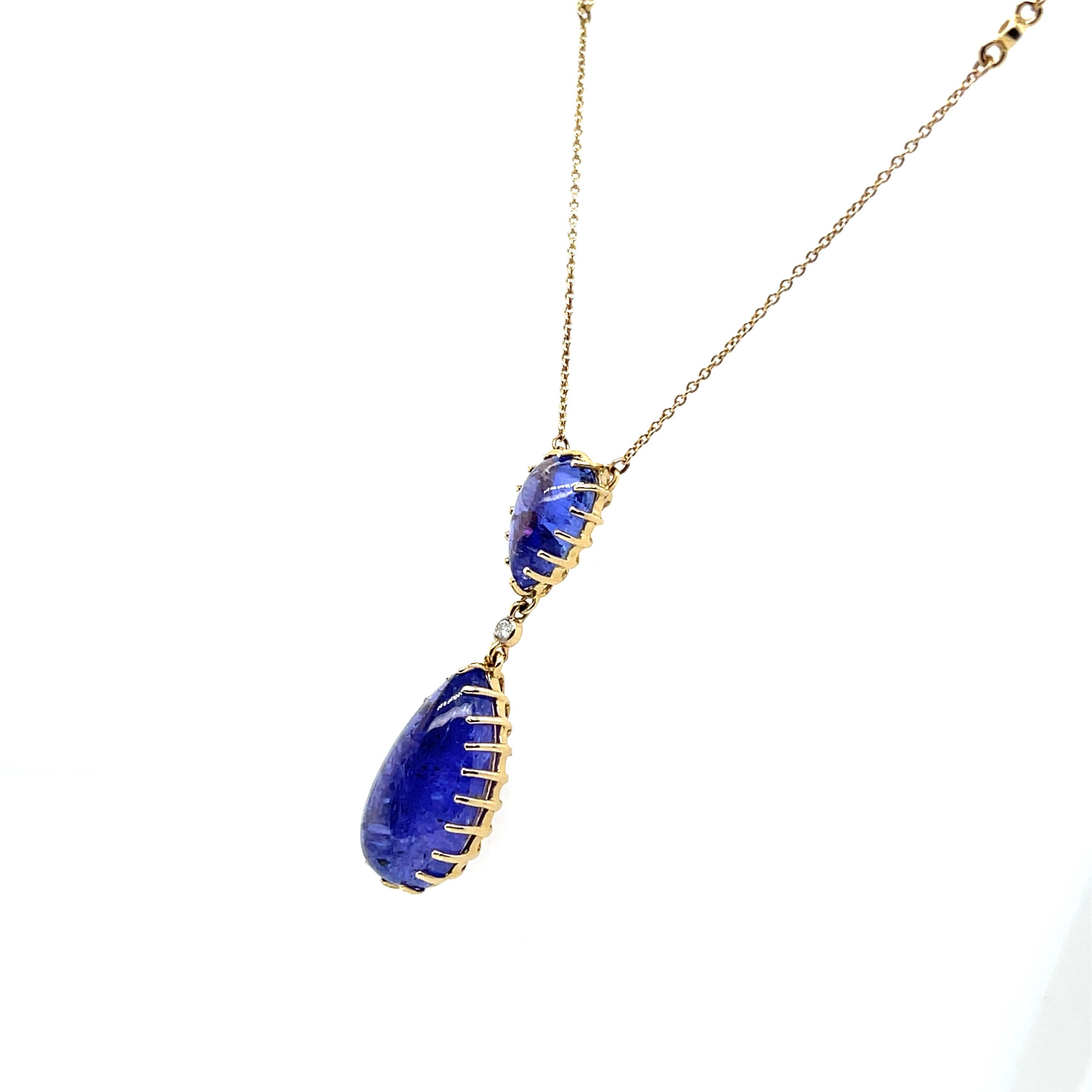 Contemporary 14ct Yellow Gold Double Drop Tanzanite Pendant Necklace For Sale
