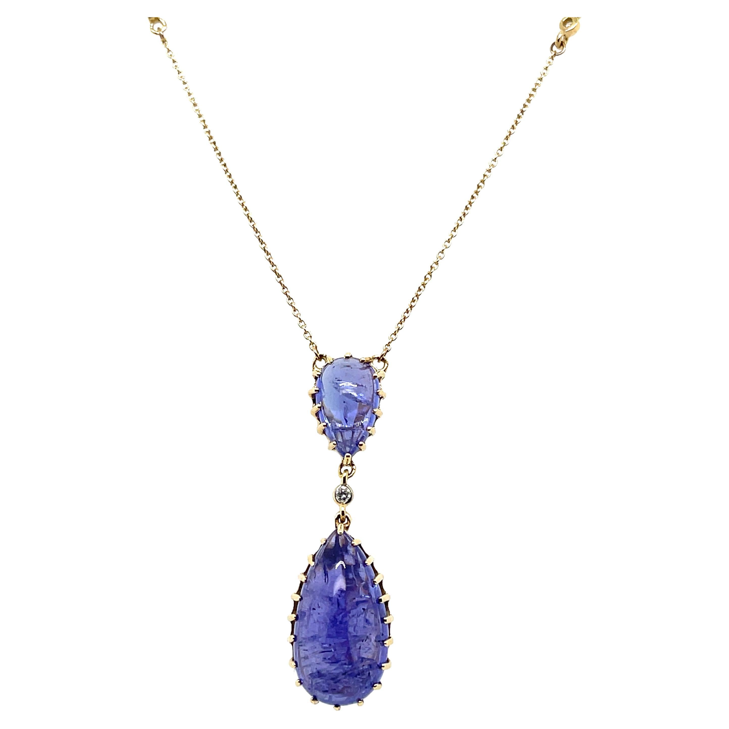 14ct Yellow Gold Double Drop Tanzanite Pendant Necklace For Sale