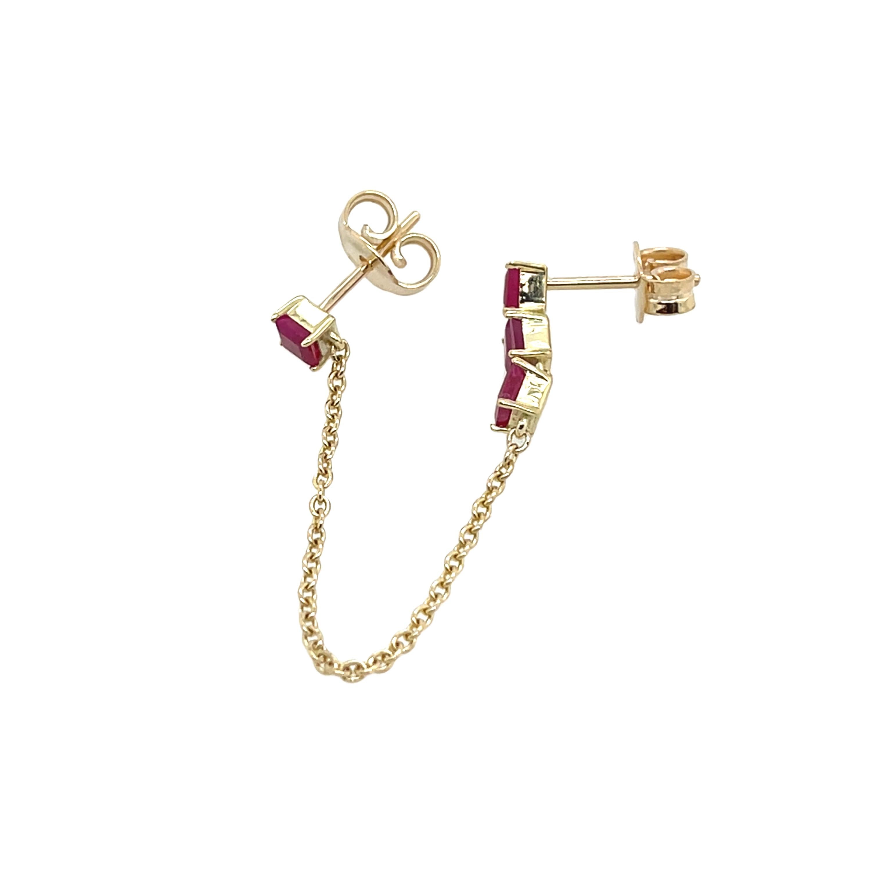 Square Cut 14ct Yellow Gold Drop Earrings, Set With 8 Square Rubies For Sale