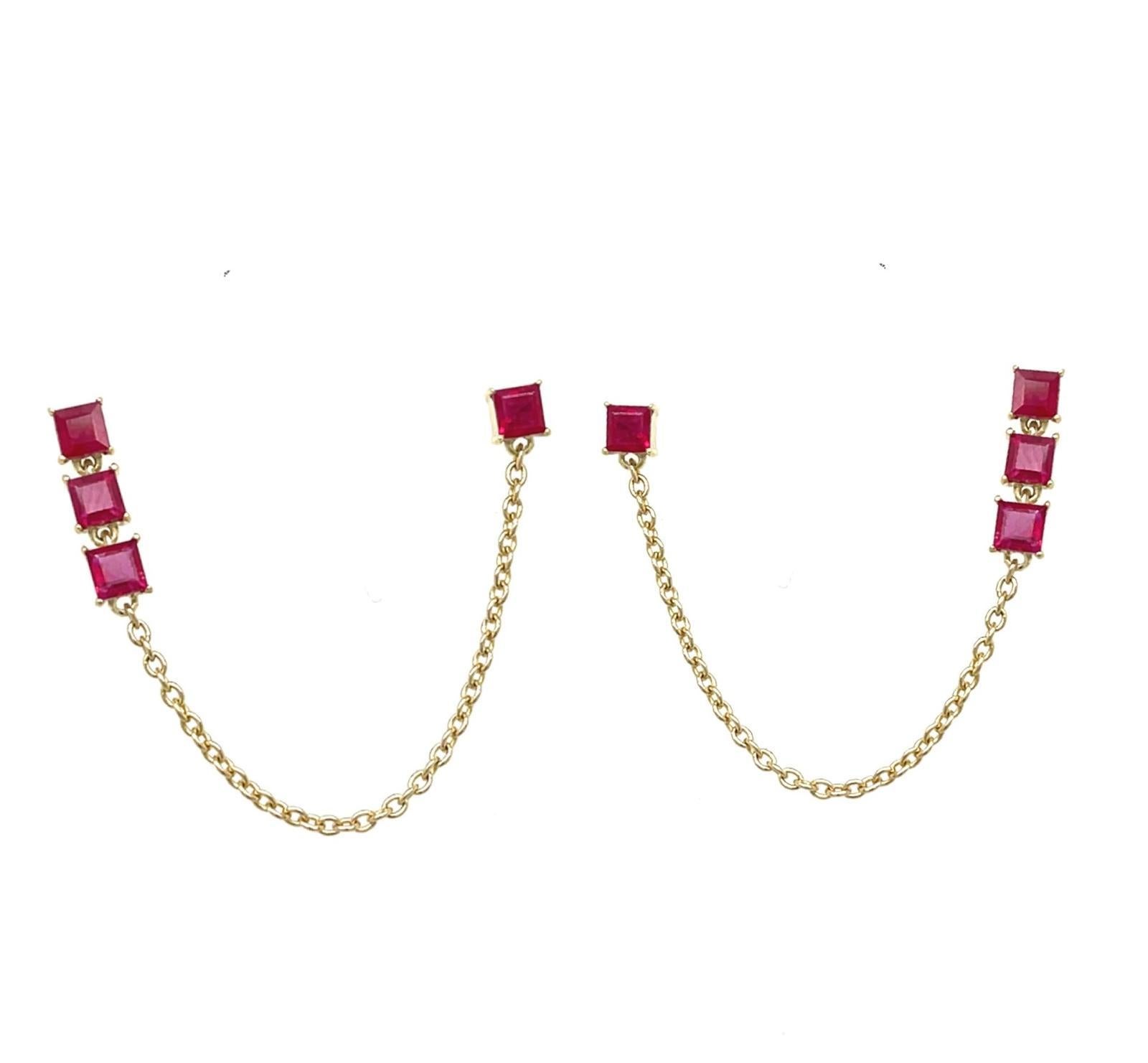 14ct Yellow Gold Drop Earrings, Set With 8 Square Rubies In New Condition For Sale In London, GB