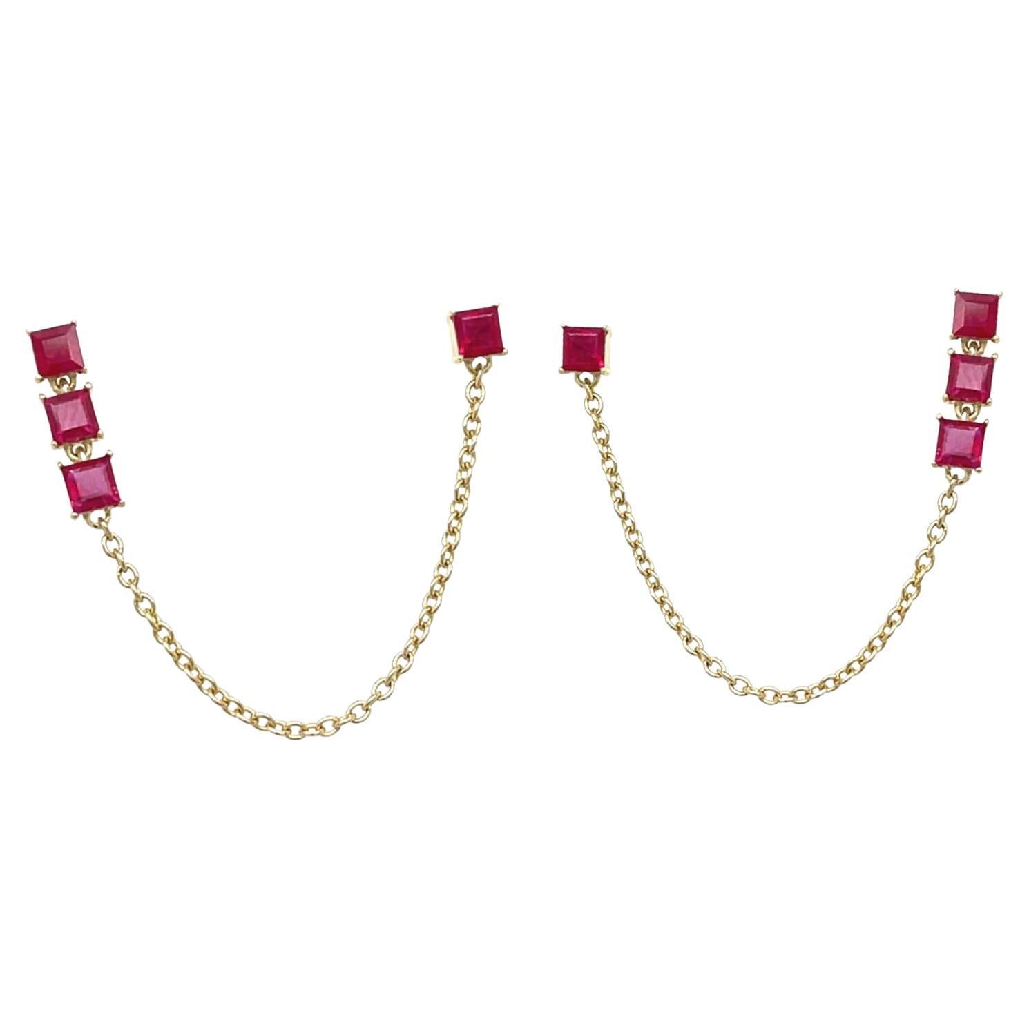 14ct Yellow Gold Drop Earrings, Set With 8 Square Rubies For Sale