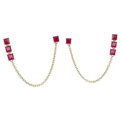 Pendientes de Gota de Oro Amarillo de 14 Ct, Engastados con 8 Rubíes Cuadrados