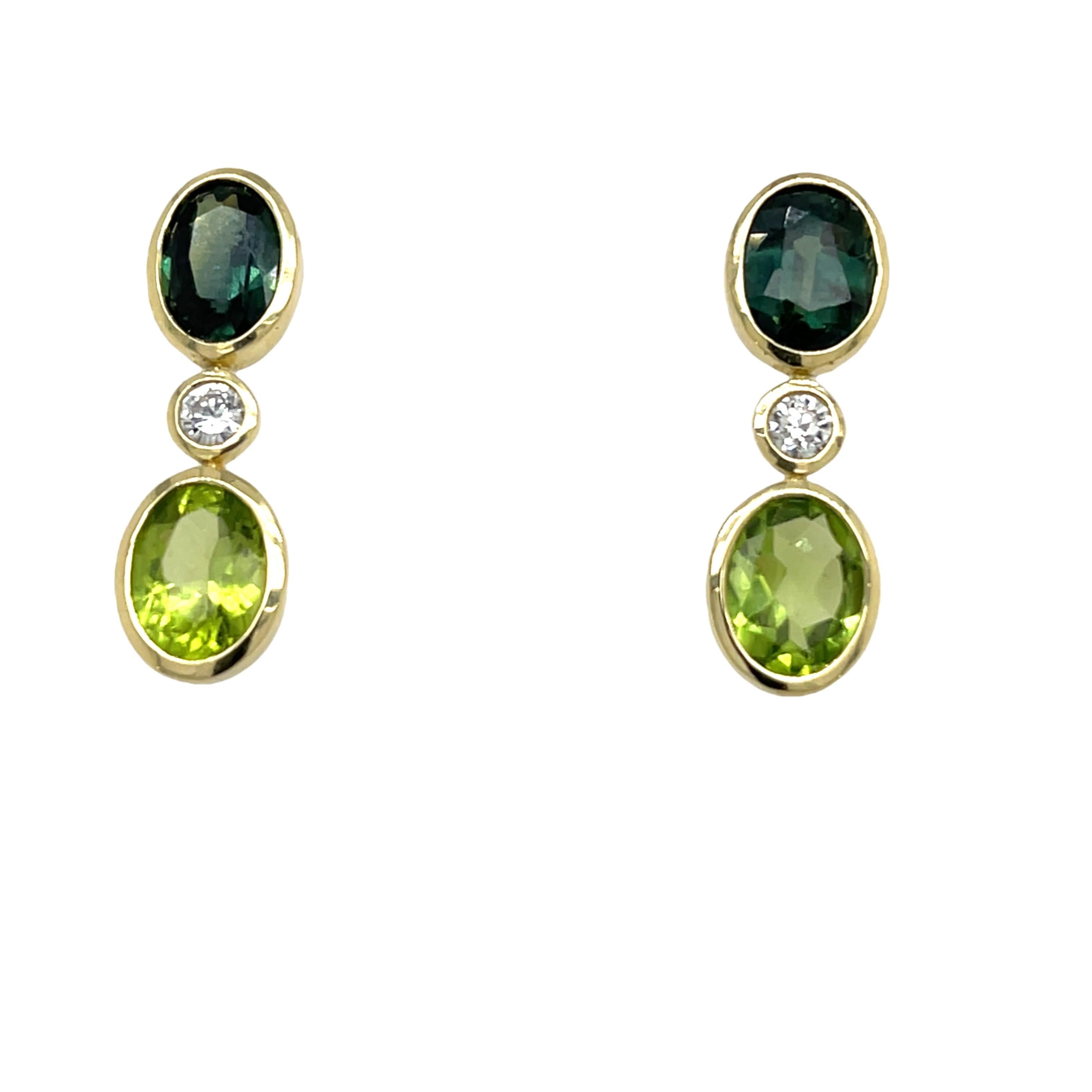 Round Cut 14ct Yellow Gold Drop Earrings Set With Green Sapphire, Peridot & Diamonds For Sale