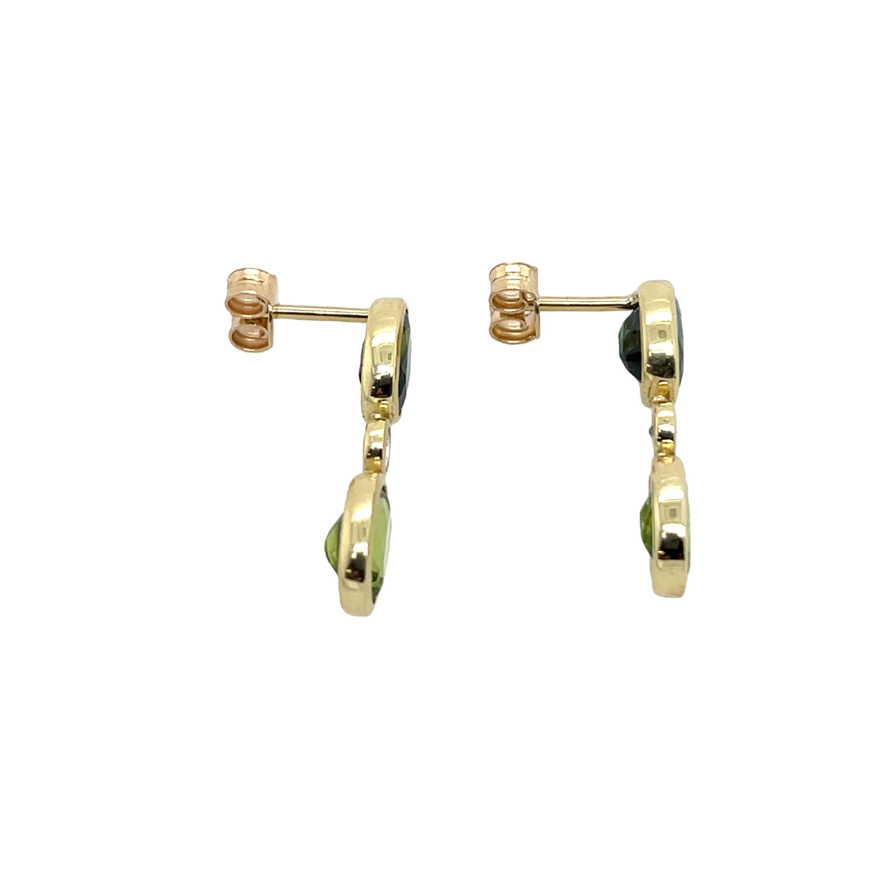 Women's or Men's 14ct Yellow Gold Drop Earrings Set With Green Sapphire, Peridot & Diamonds For Sale