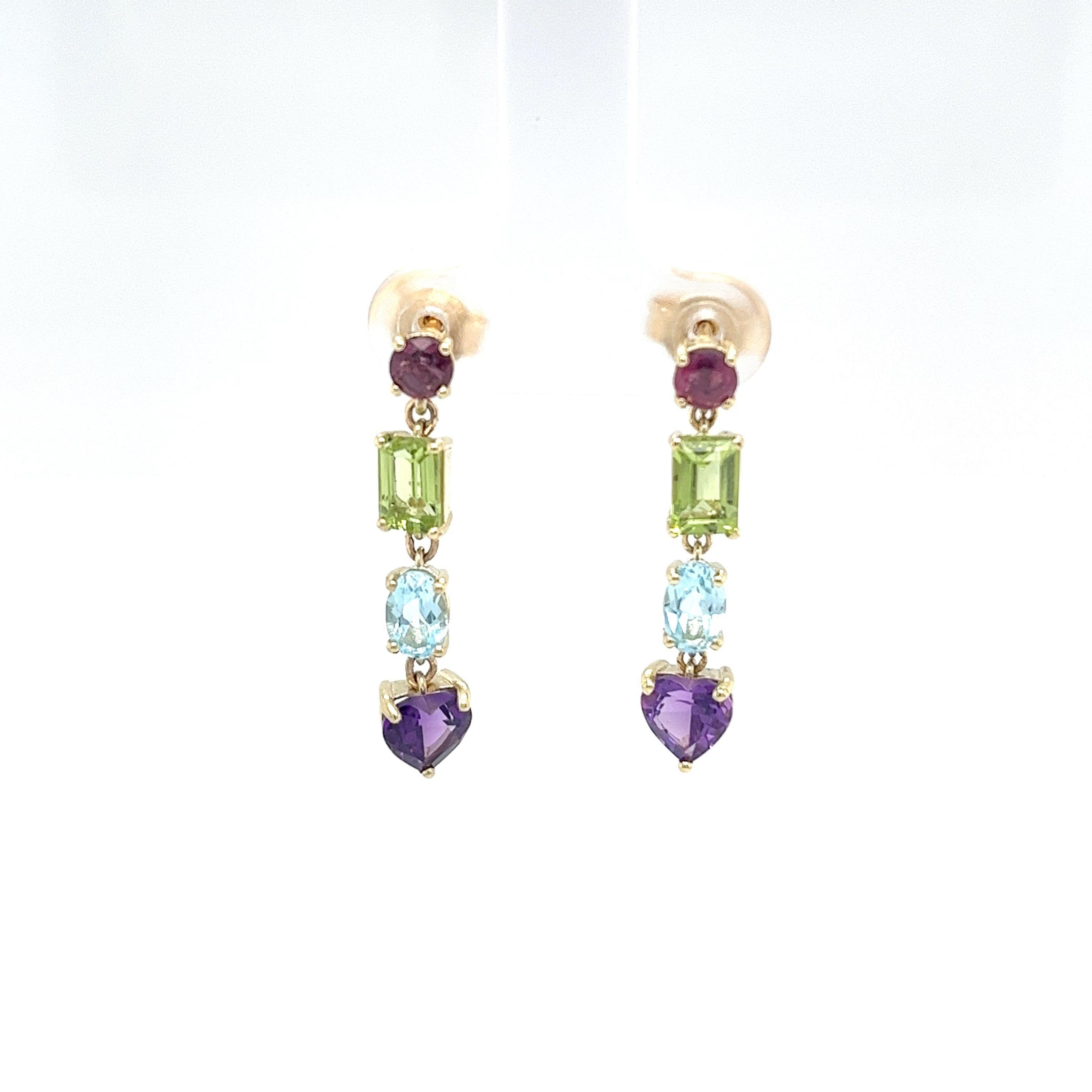Round Cut 14ct Yellow Gold Drop Earrings Set With Multi Colour Precious Gemstones For Sale
