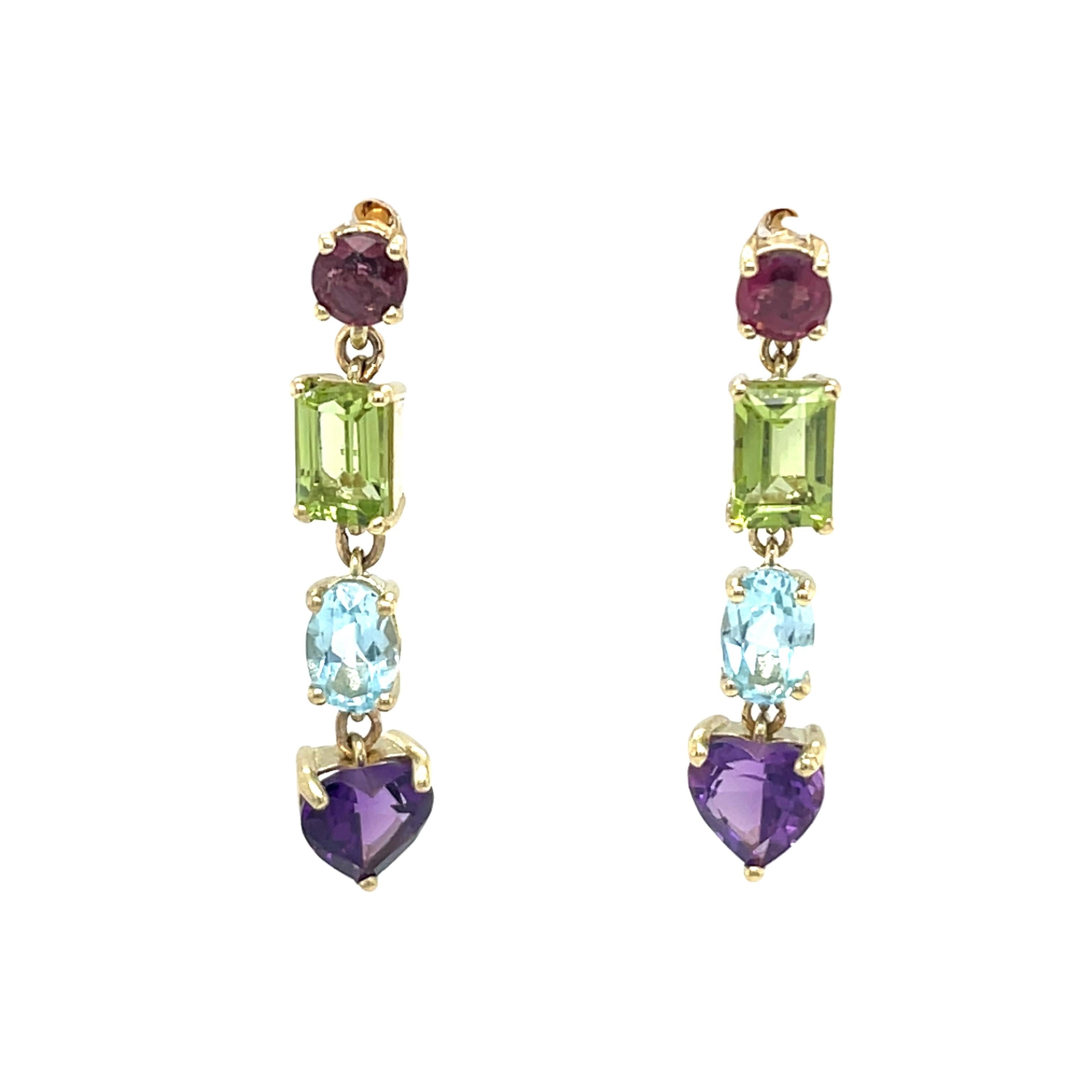 14ct Yellow Gold Drop Earrings Set With Multi Colour Precious Gemstones In New Condition For Sale In London, GB