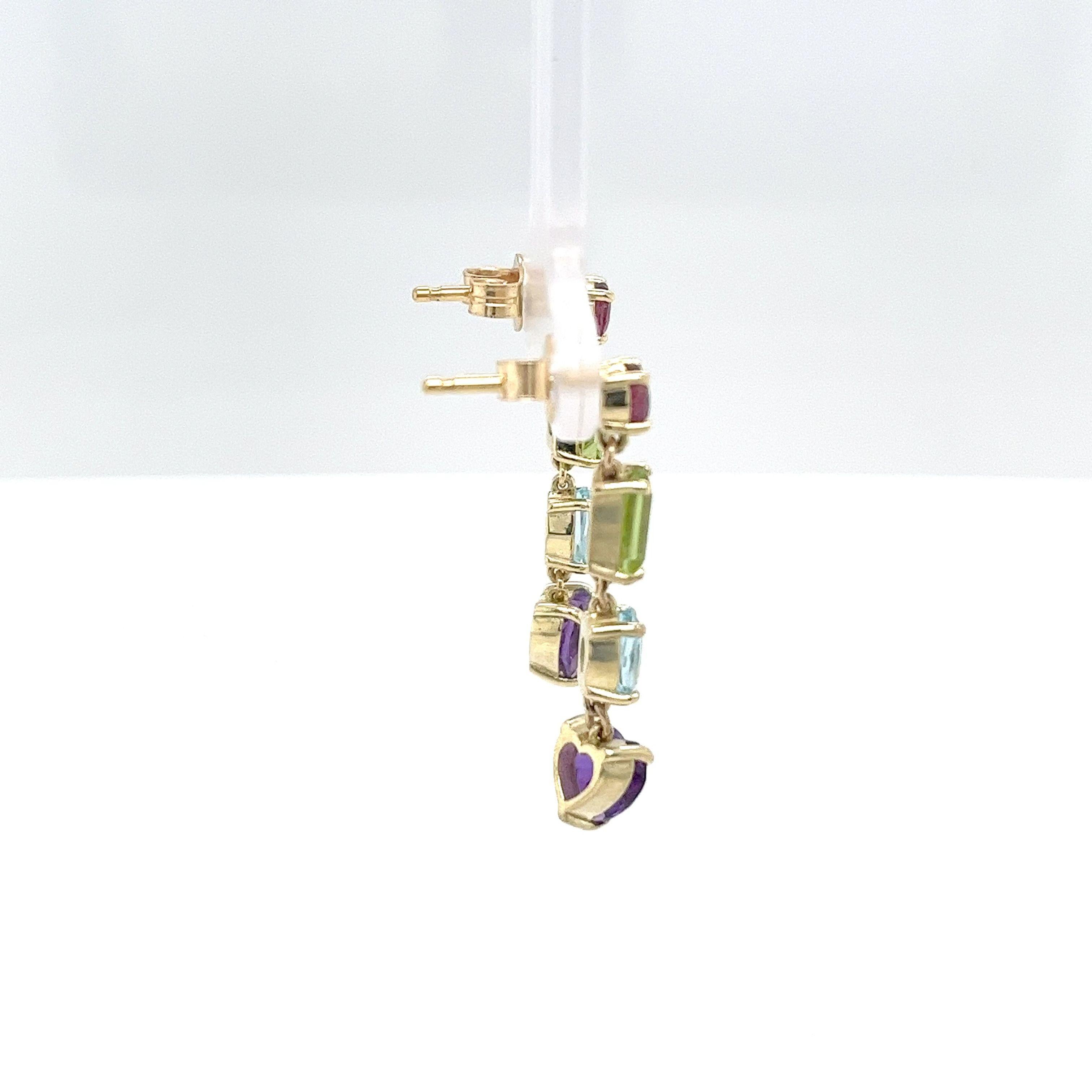 Women's or Men's 14ct Yellow Gold Drop Earrings Set With Multi Colour Precious Gemstones For Sale