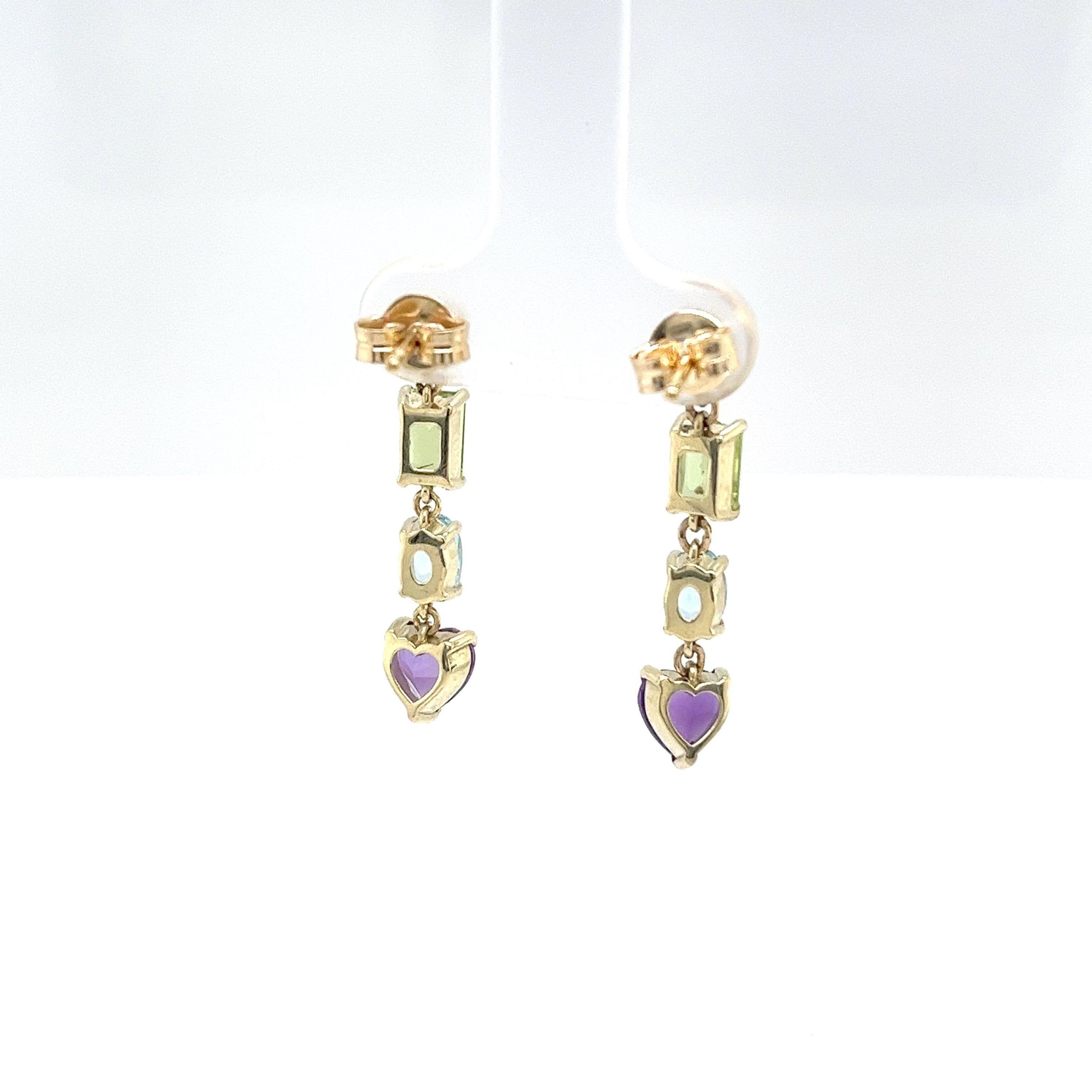14ct Yellow Gold Drop Earrings Set With Multi Colour Precious Gemstones For Sale 1