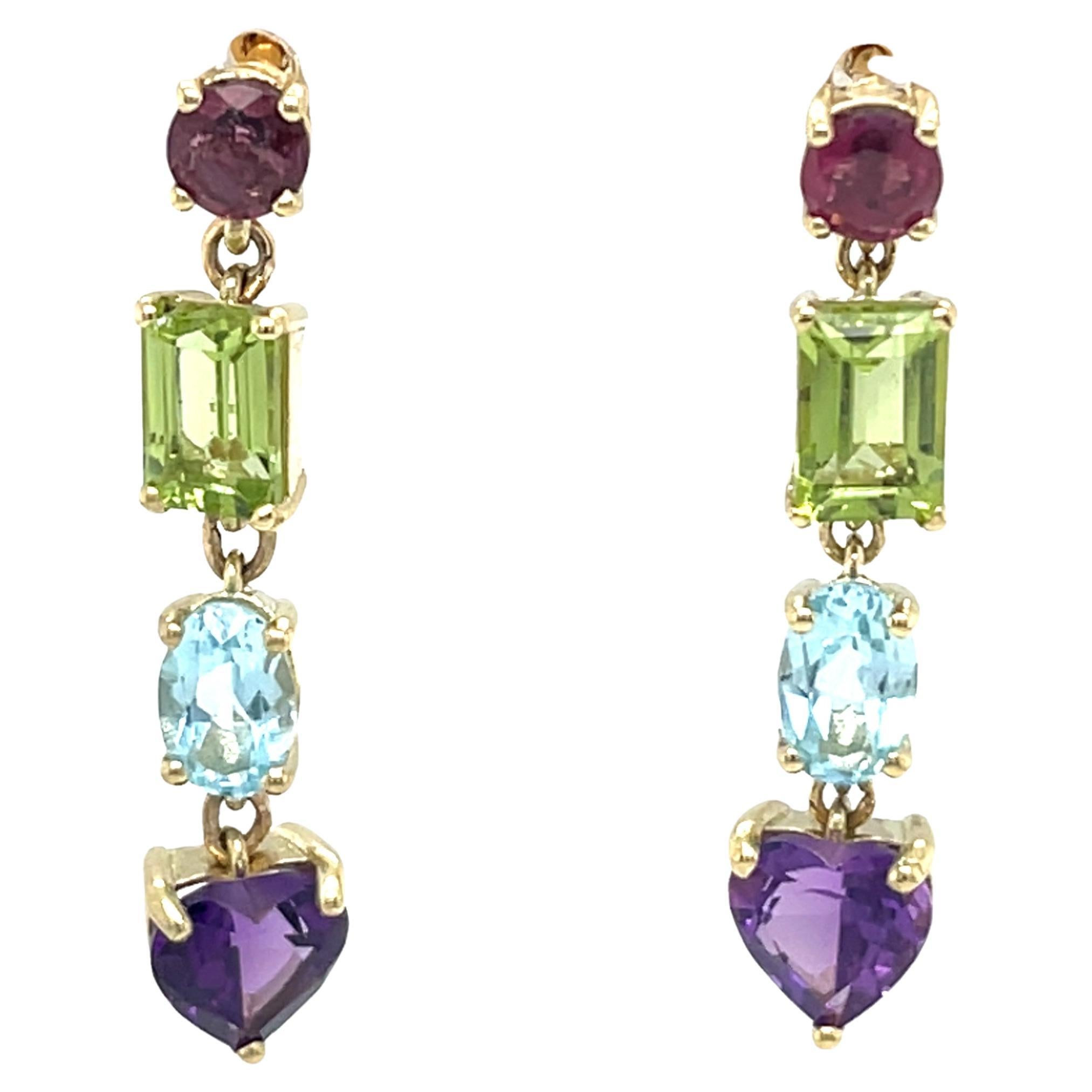14ct Yellow Gold Drop Earrings Set With Multi Colour Precious Gemstones