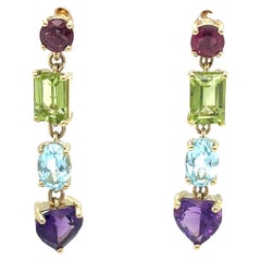 14ct Yellow Gold Drop Earrings Set With Multi Colour Precious Gemstones