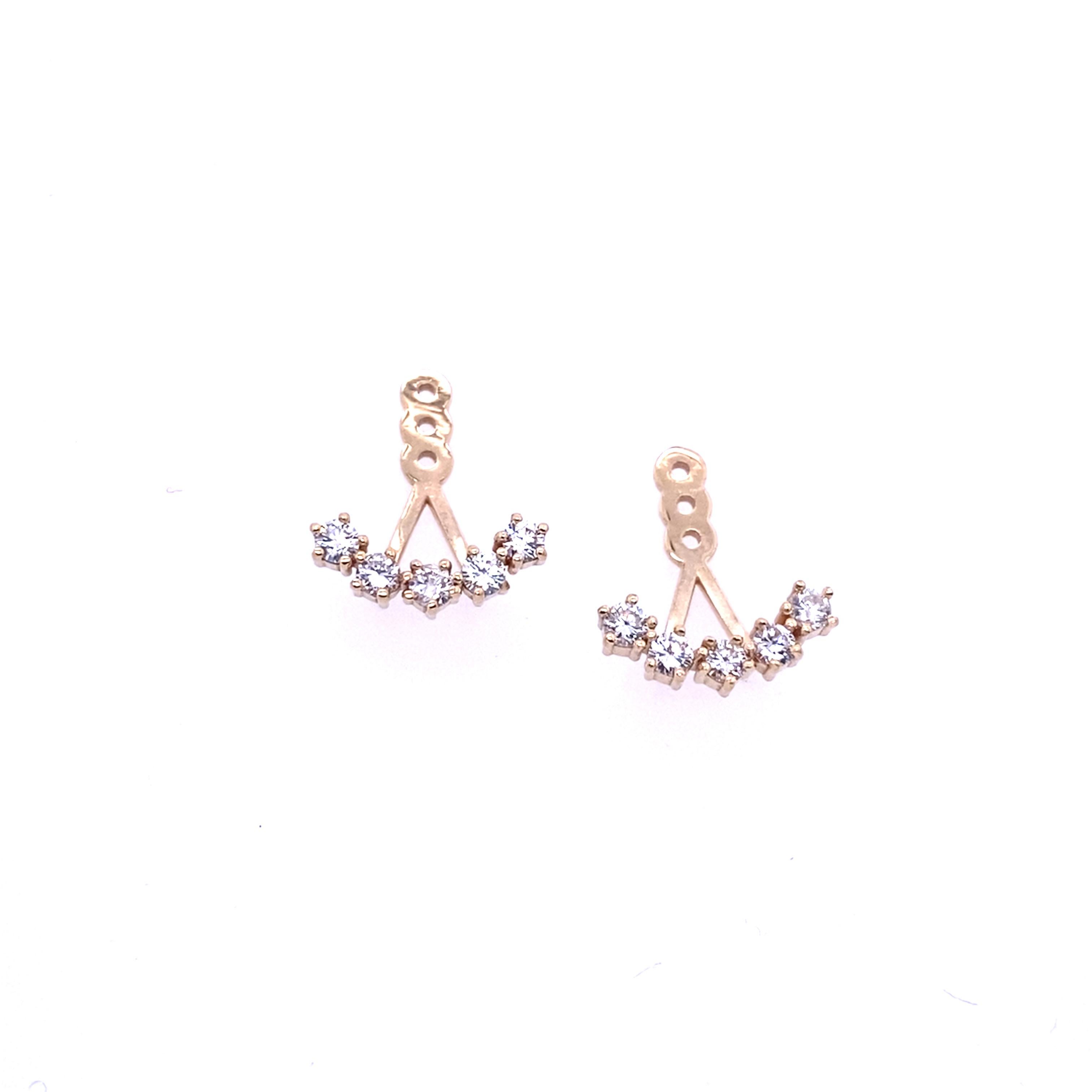 This earring jackets fit behind any stud earring, are set with 5 round brilliant cut diamonds in each earring, with total diamond weight 0.40ct. Set in 14ct yellow gold. The earrings are stylish and perfect for everyday wear.
Total Diamond Weight: