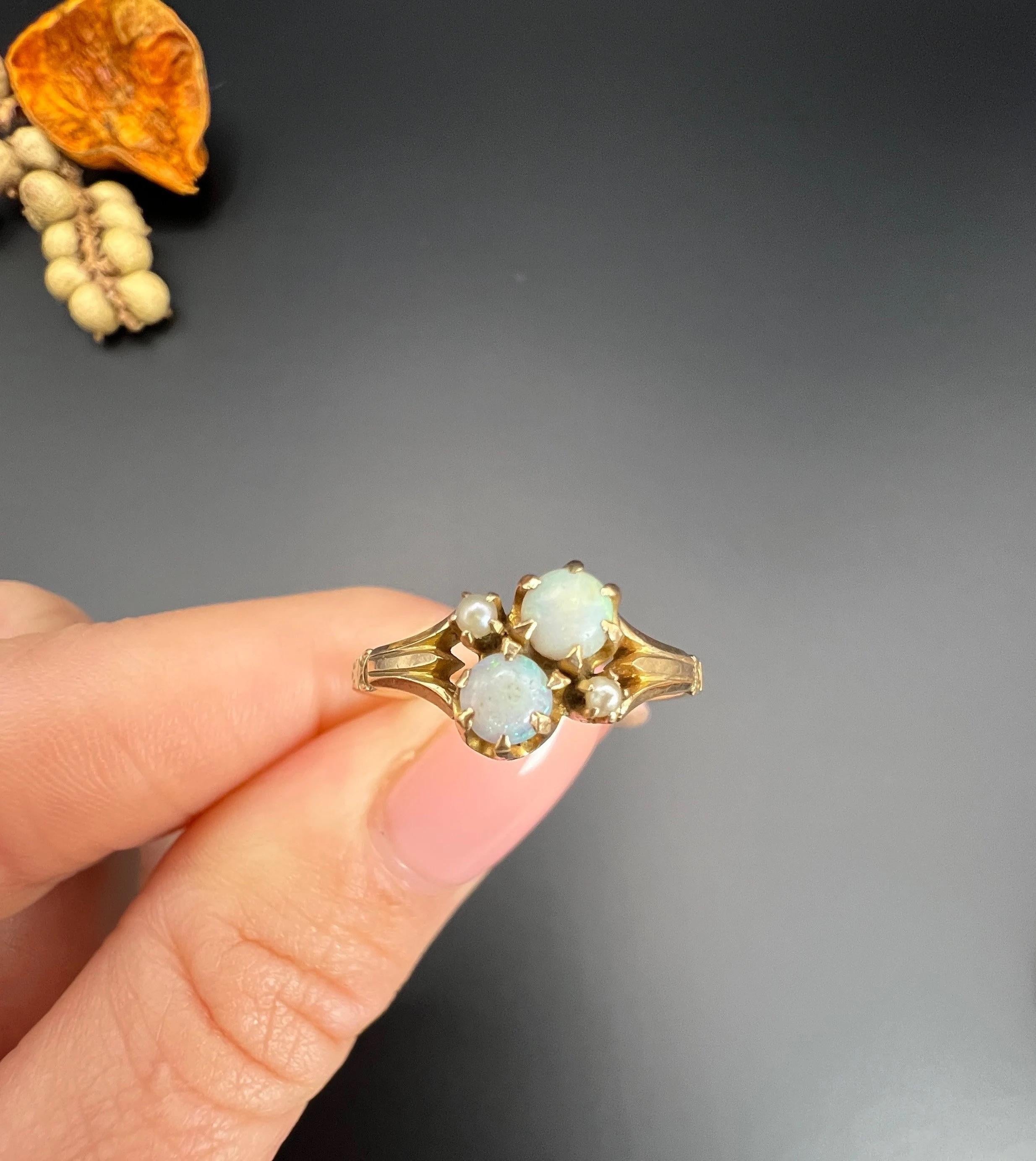 14ct Yellow Gold, Edwardian Opal & Natural Seed Pearl Ring with Ornate Shoulders 5