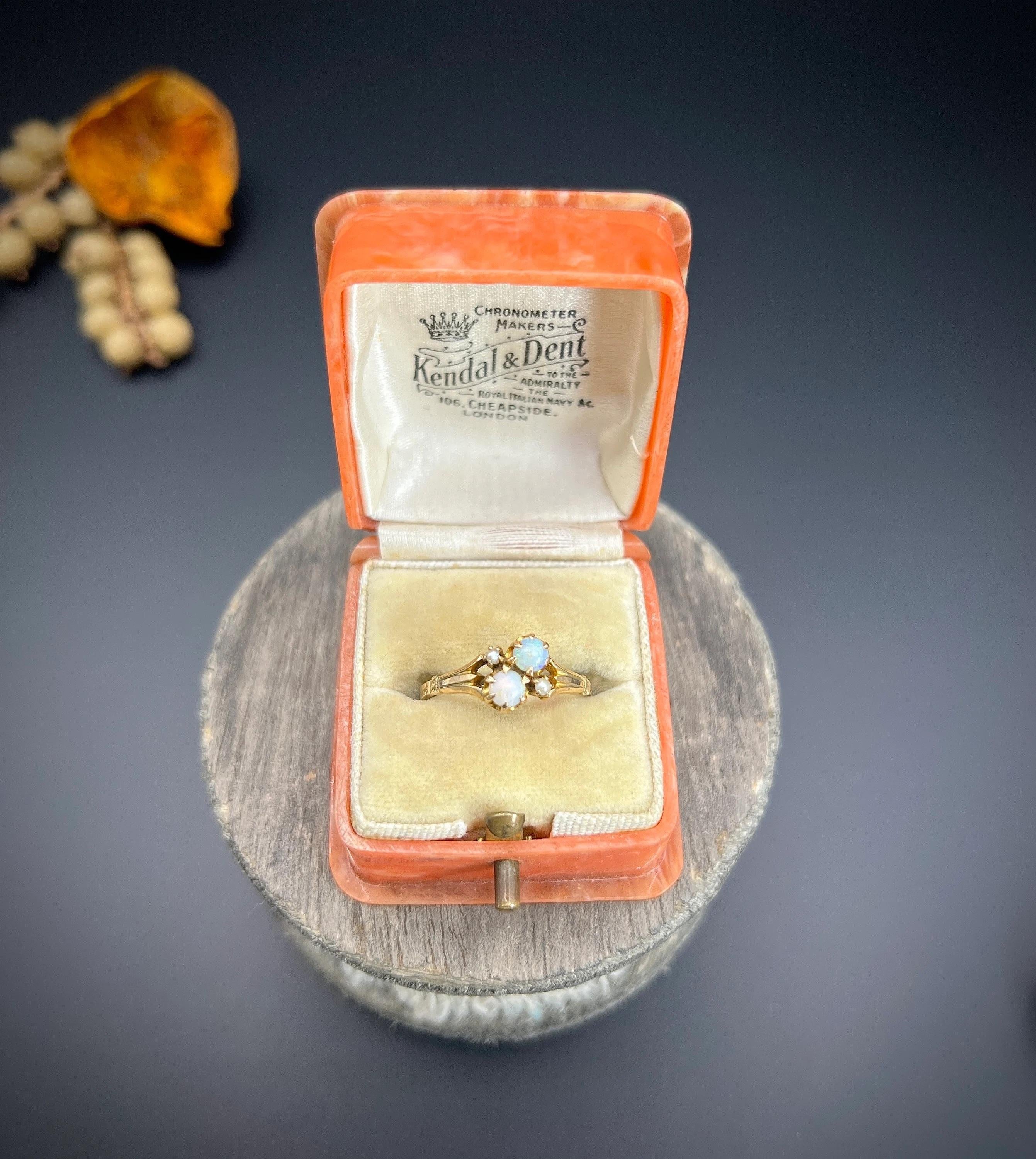Round Cut 14ct Yellow Gold, Edwardian Opal & Natural Seed Pearl Ring with Ornate Shoulders
