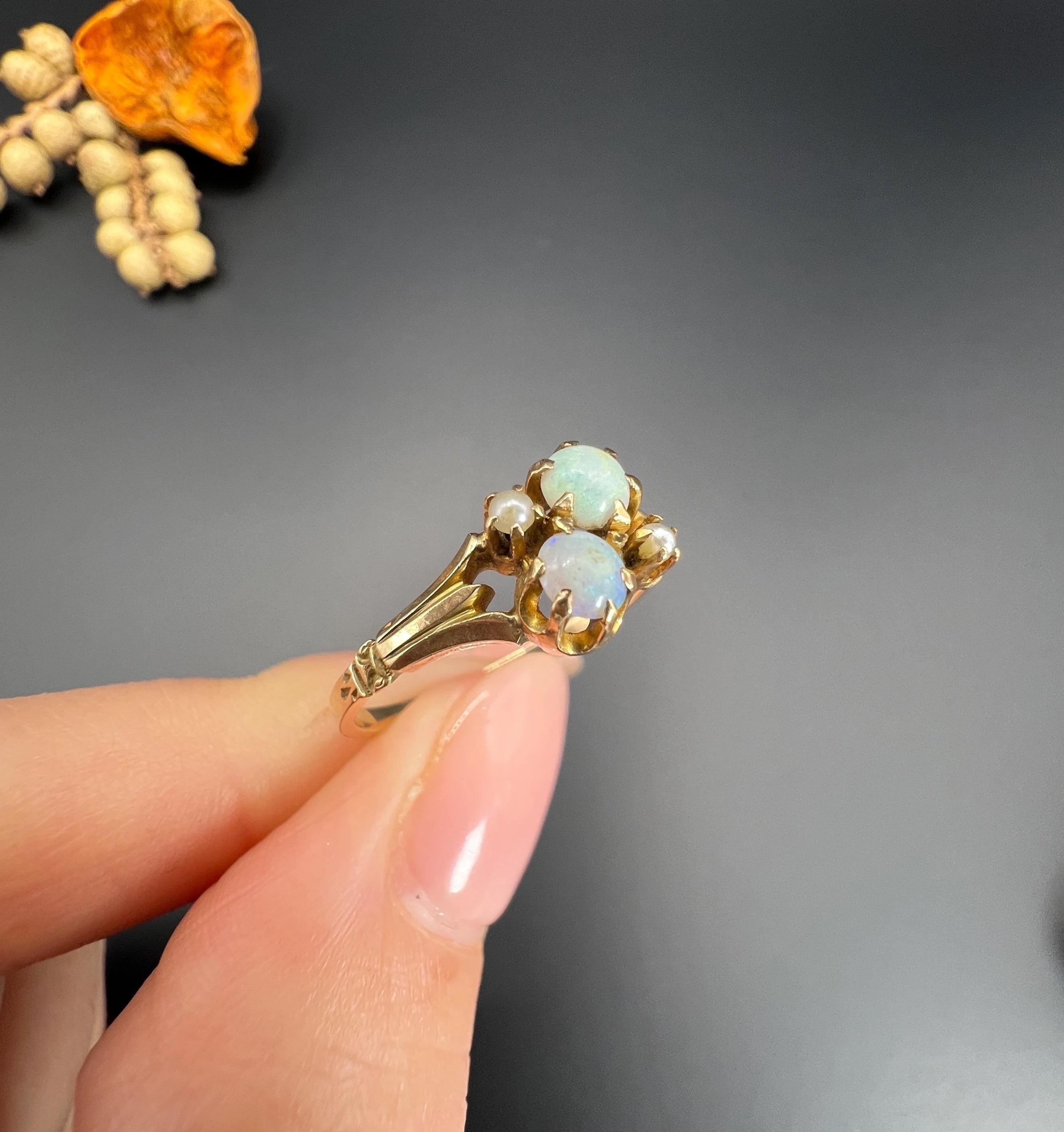 14ct Yellow Gold, Edwardian Opal & Natural Seed Pearl Ring with Ornate Shoulders 1