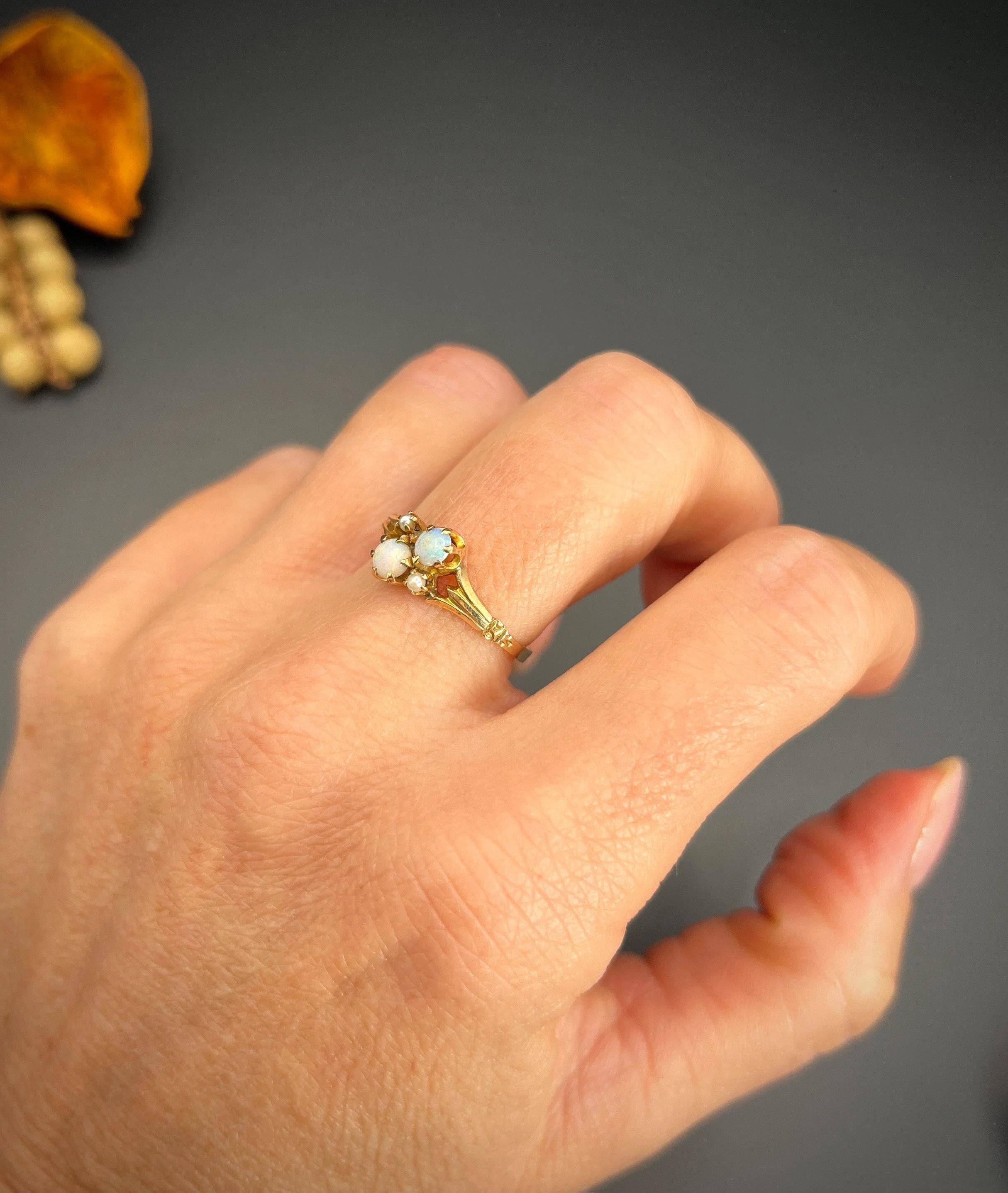 14ct Yellow Gold, Edwardian Opal & Natural Seed Pearl Ring with Ornate Shoulders 2