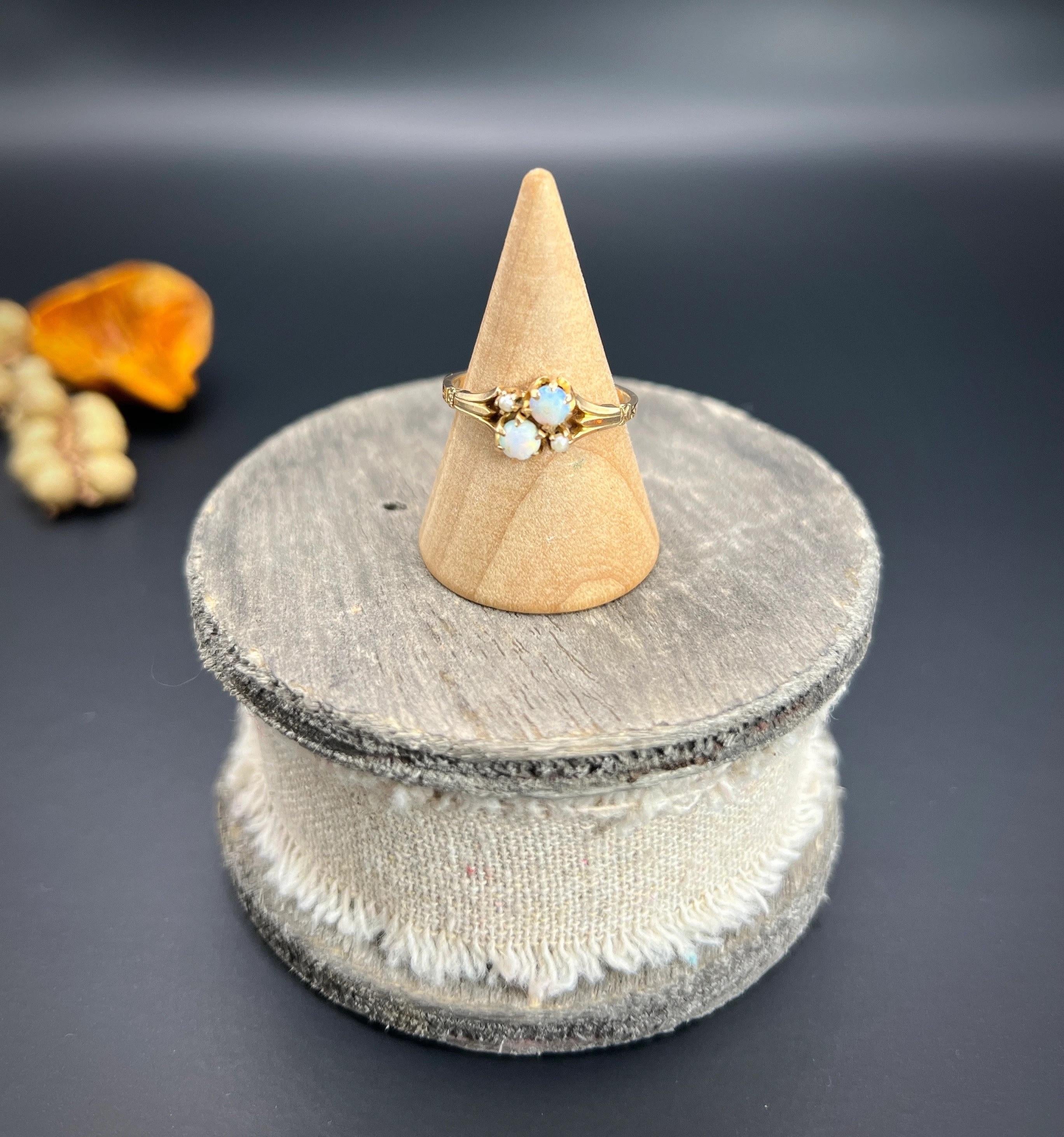 14ct Yellow Gold, Edwardian Opal & Natural Seed Pearl Ring with Ornate Shoulders 3