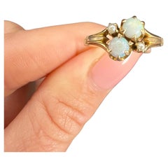 14ct Yellow Gold, Edwardian Opal & Natural Seed Pearl Ring with Ornate Shoulders