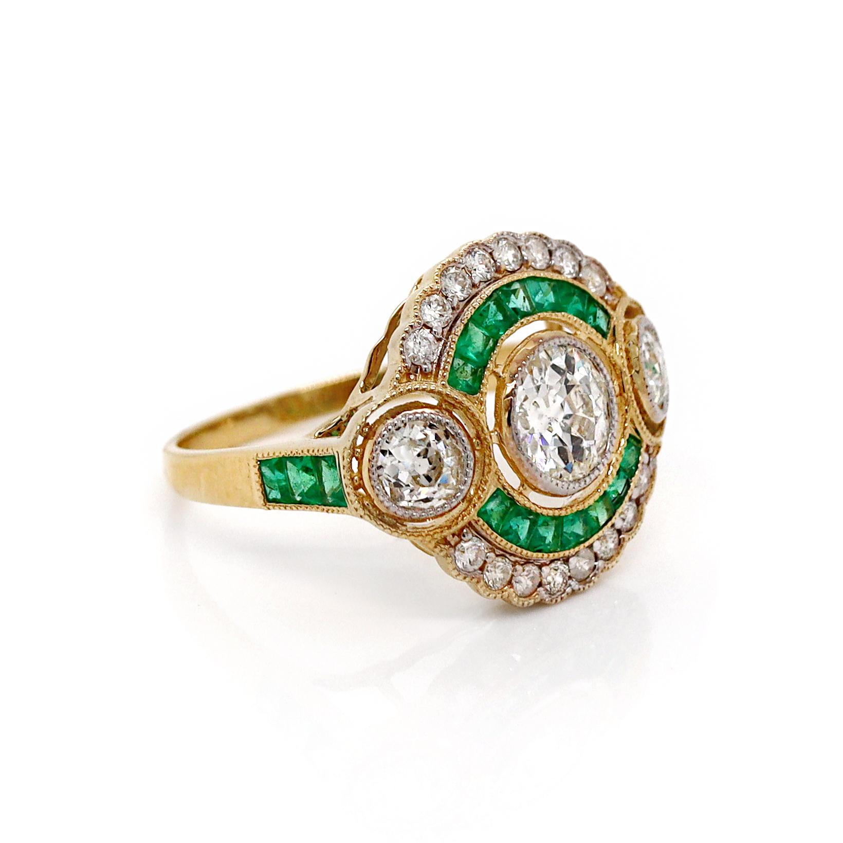 Old European Cut 14CT Yellow Gold Emerald And Diamond Antique Style Ring For Sale