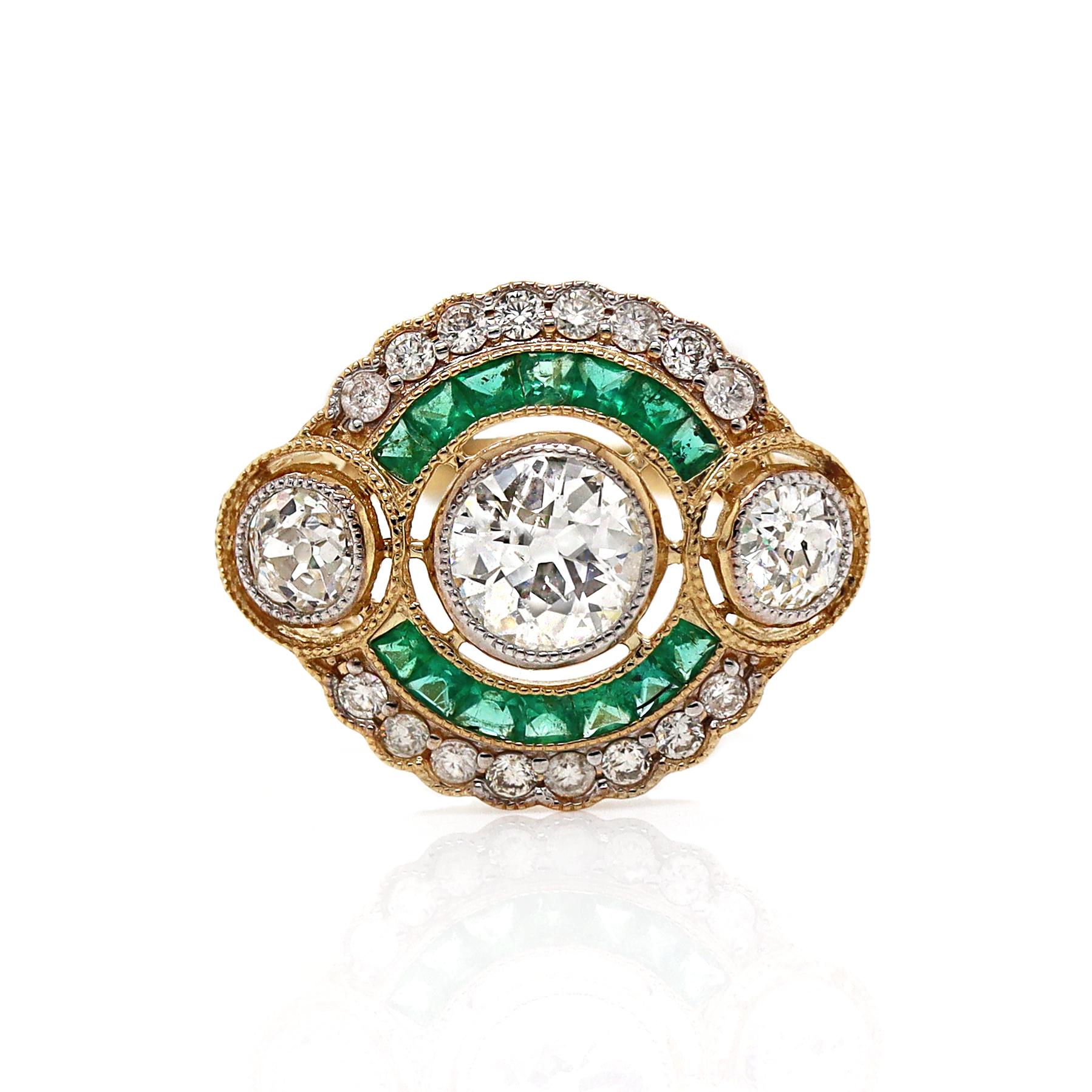 Women's or Men's 14CT Yellow Gold Emerald And Diamond Antique Style Ring For Sale