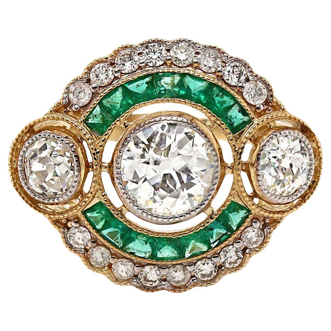 14CT Yellow Gold Emerald And Diamond Antique Style Ring For Sale