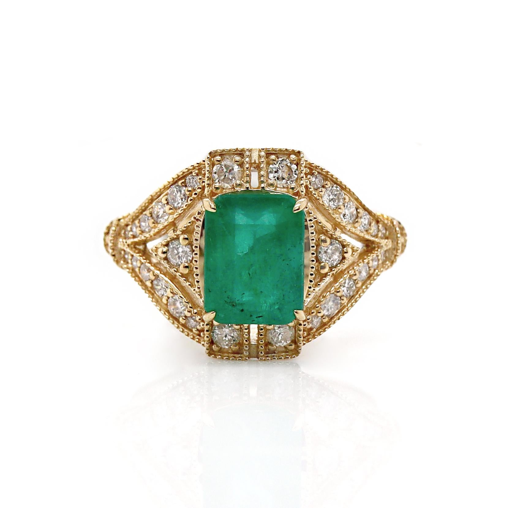 14CT Gelbgold Kleidring mit Smaragd und Diamant Damen im Angebot