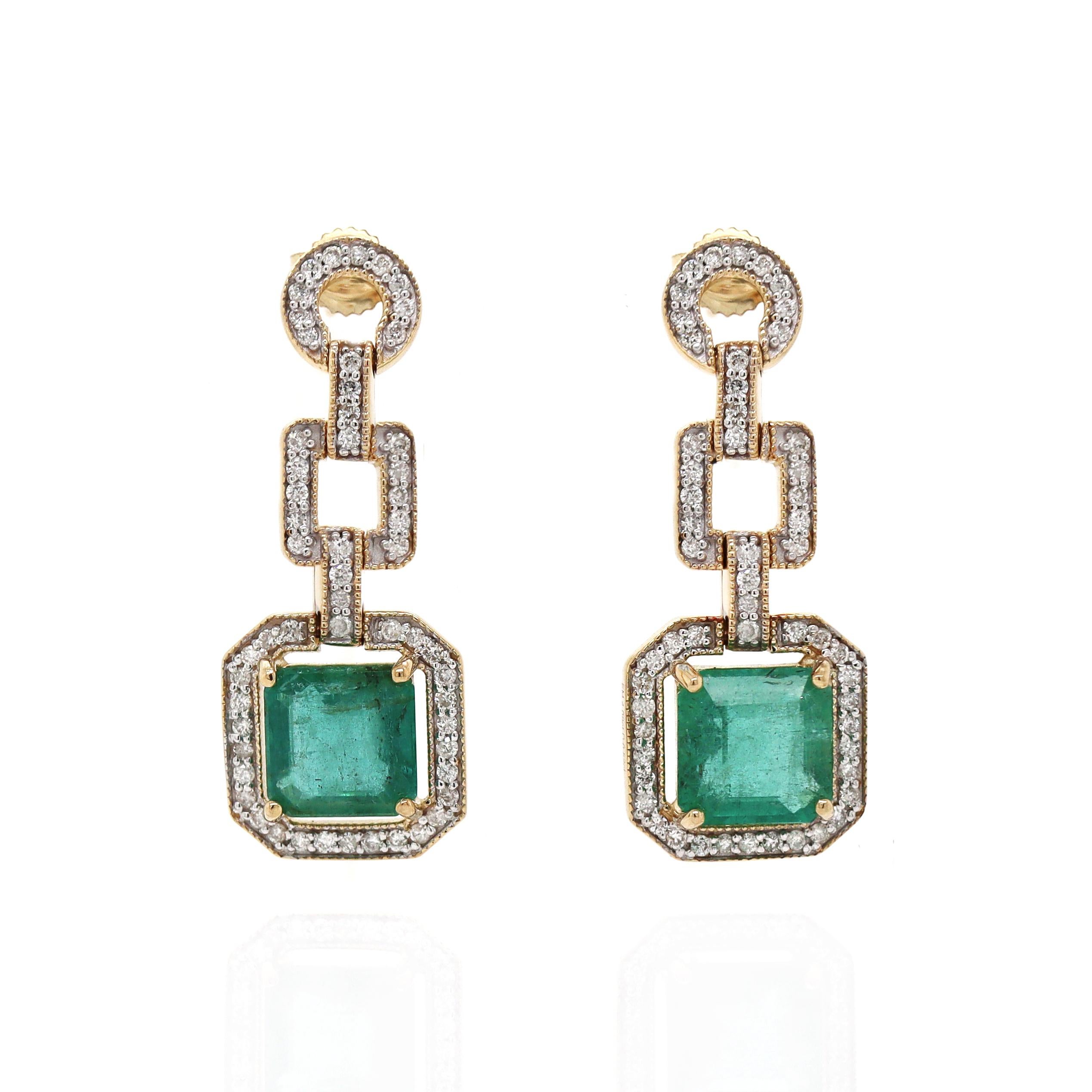 Art déco Boucles d'oreilles pendantes en or jaune 14CT avec émeraudes et diamants en vente