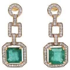 14CT Yellow Gold Emerald And Diamond Drop Earrings