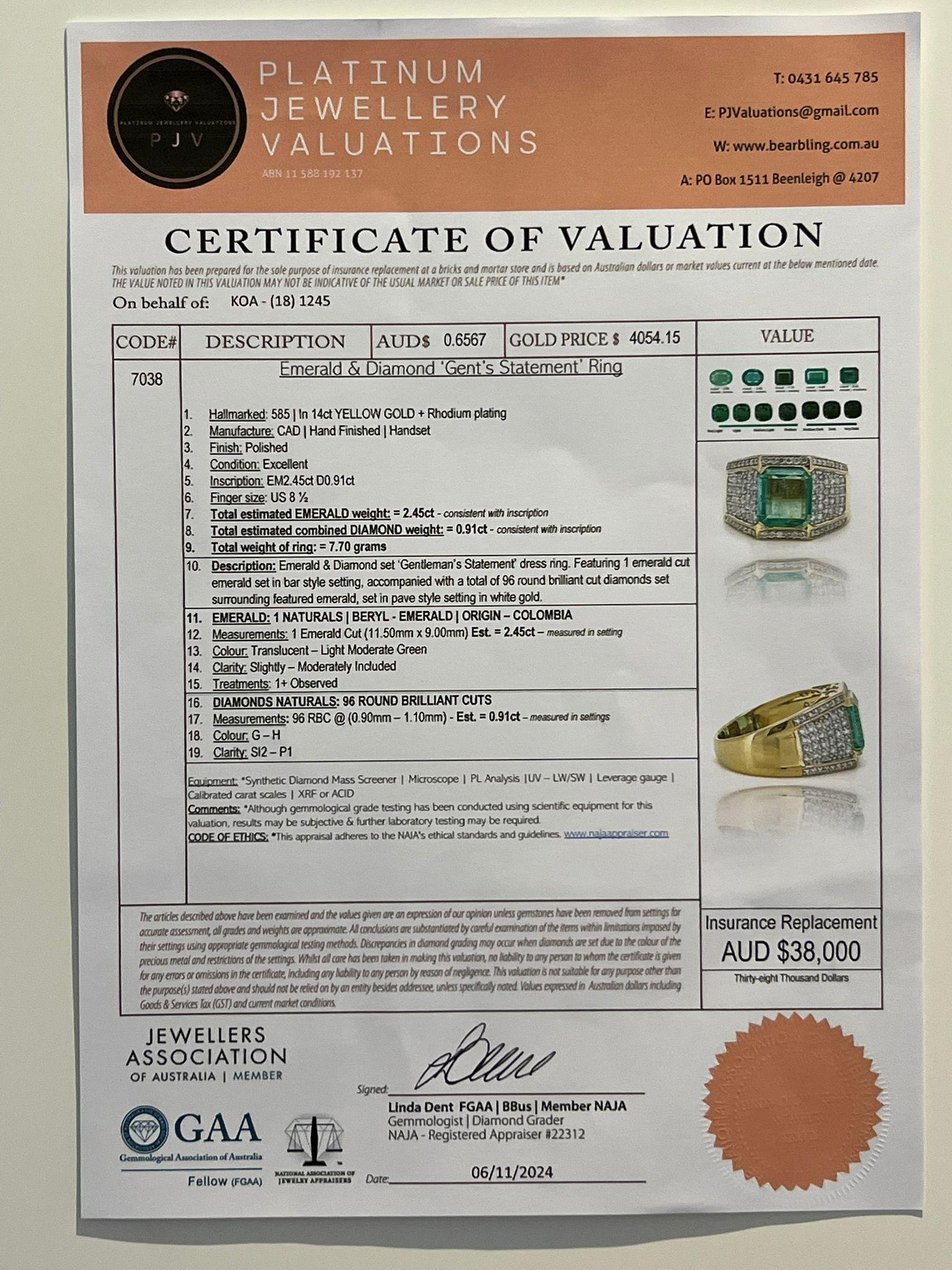 14ct Yellow Gold Emerald and Diamond Gent’s Statement Ring 3.36ct For Sale 3