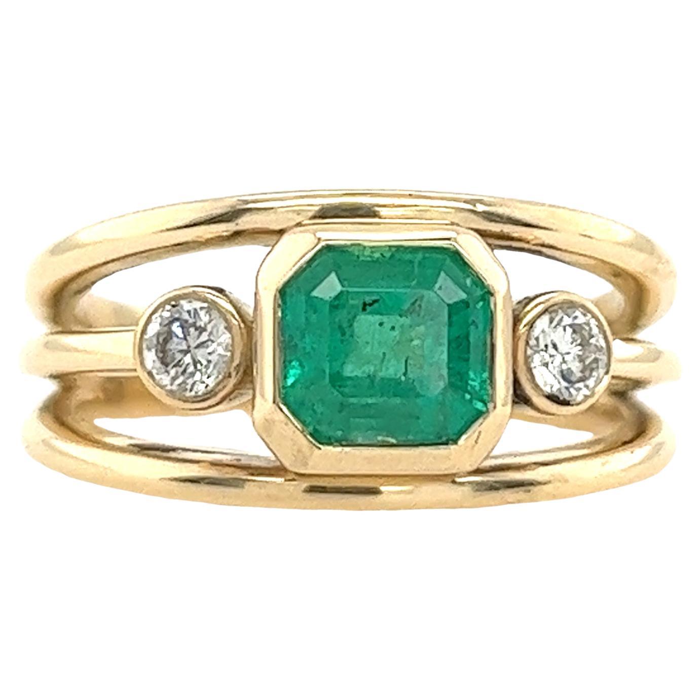 14ct Yellow Gold Emerald & Diamond Ring Set With 1.47ct Emerald and 2 Diamonds