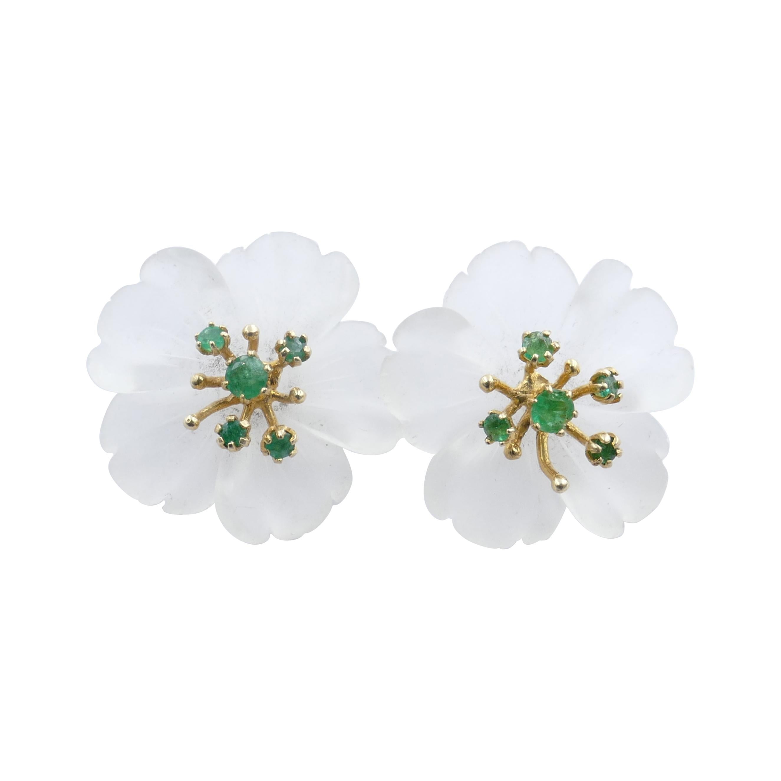 14ct yellow Gold Emerald & Frosted White Quartz Detachable Flower Stud Earrings For Sale