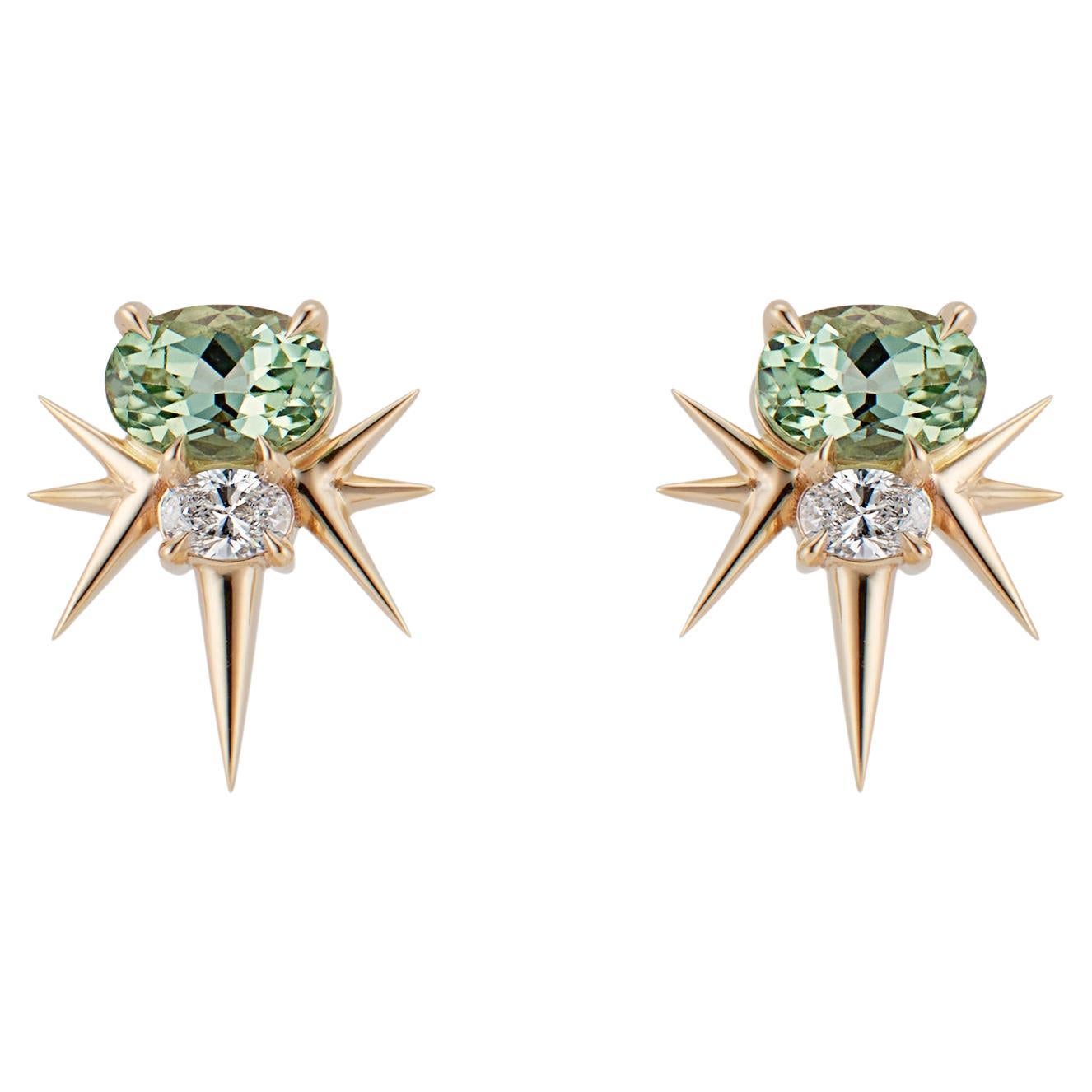 14ct Yellow Gold Green Tourmaline and Diamond Spike Earrings For Sale