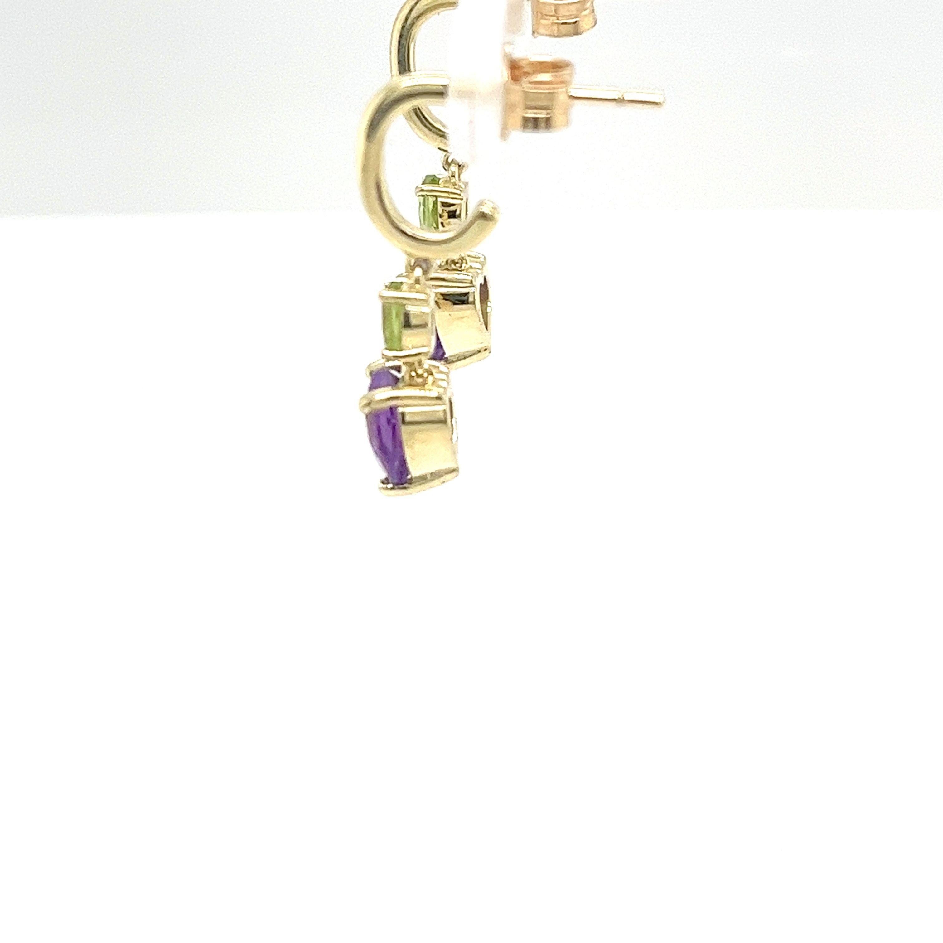 Round Cut 14ct Yellow Gold Heart Shape Amethyst & Peridot Drop Earrings For Sale