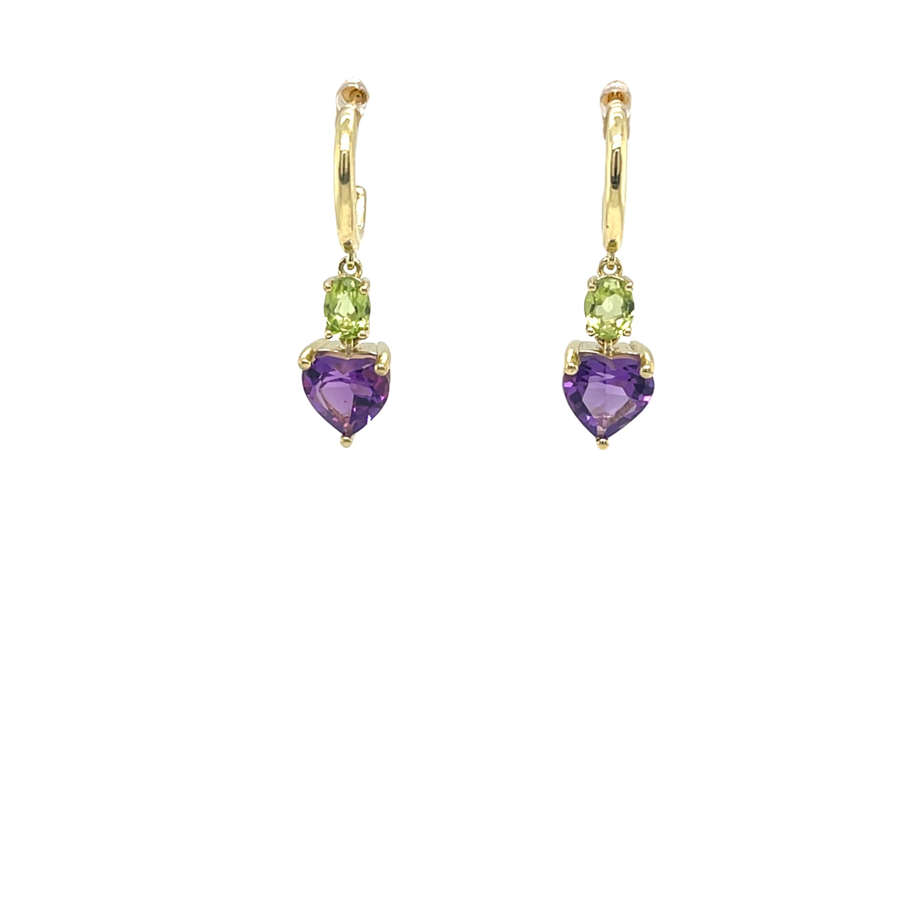 14ct Yellow Gold Heart Shape Amethyst & Peridot Drop Earrings In New Condition For Sale In London, GB