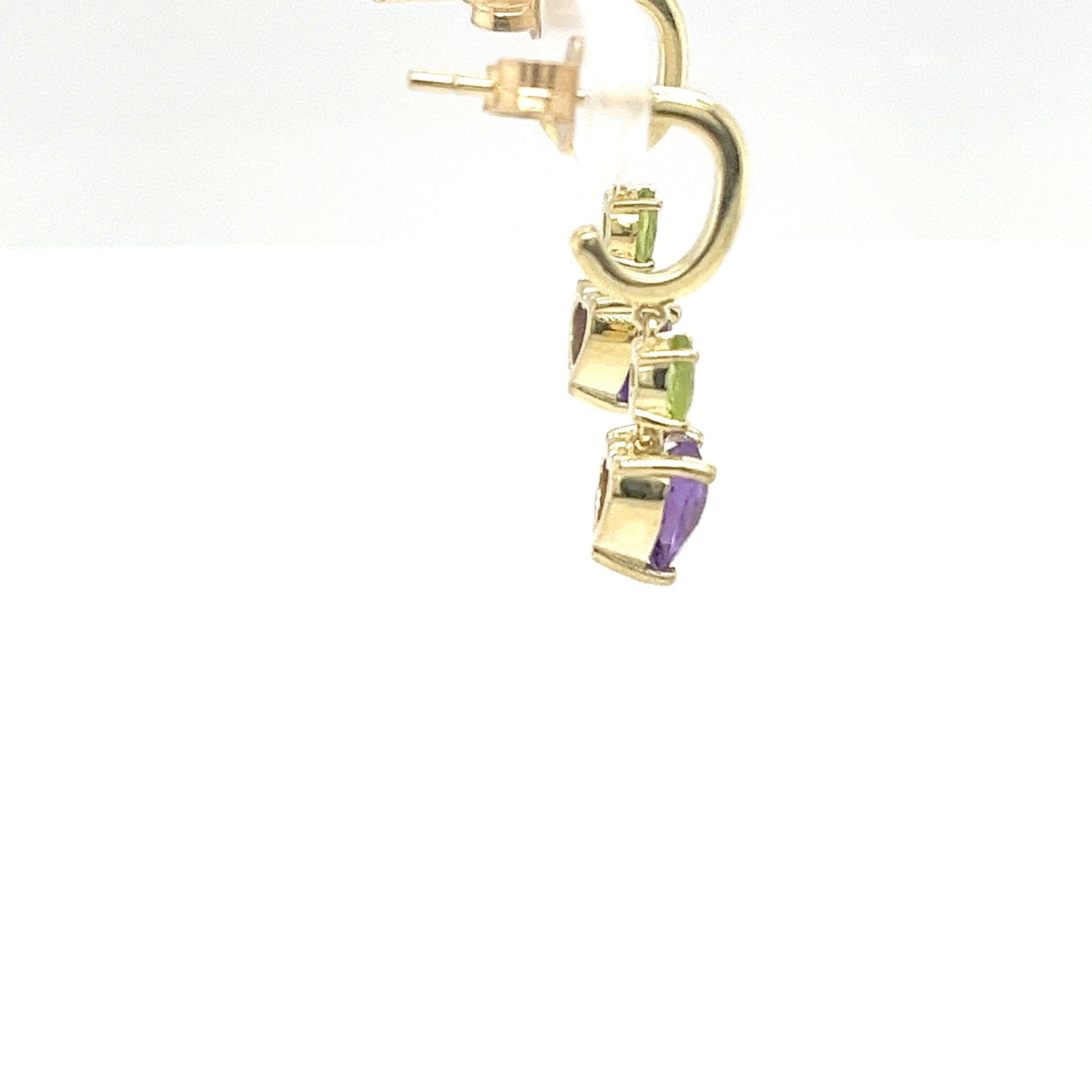 Women's or Men's 14ct Yellow Gold Heart Shape Amethyst & Peridot Drop Earrings For Sale